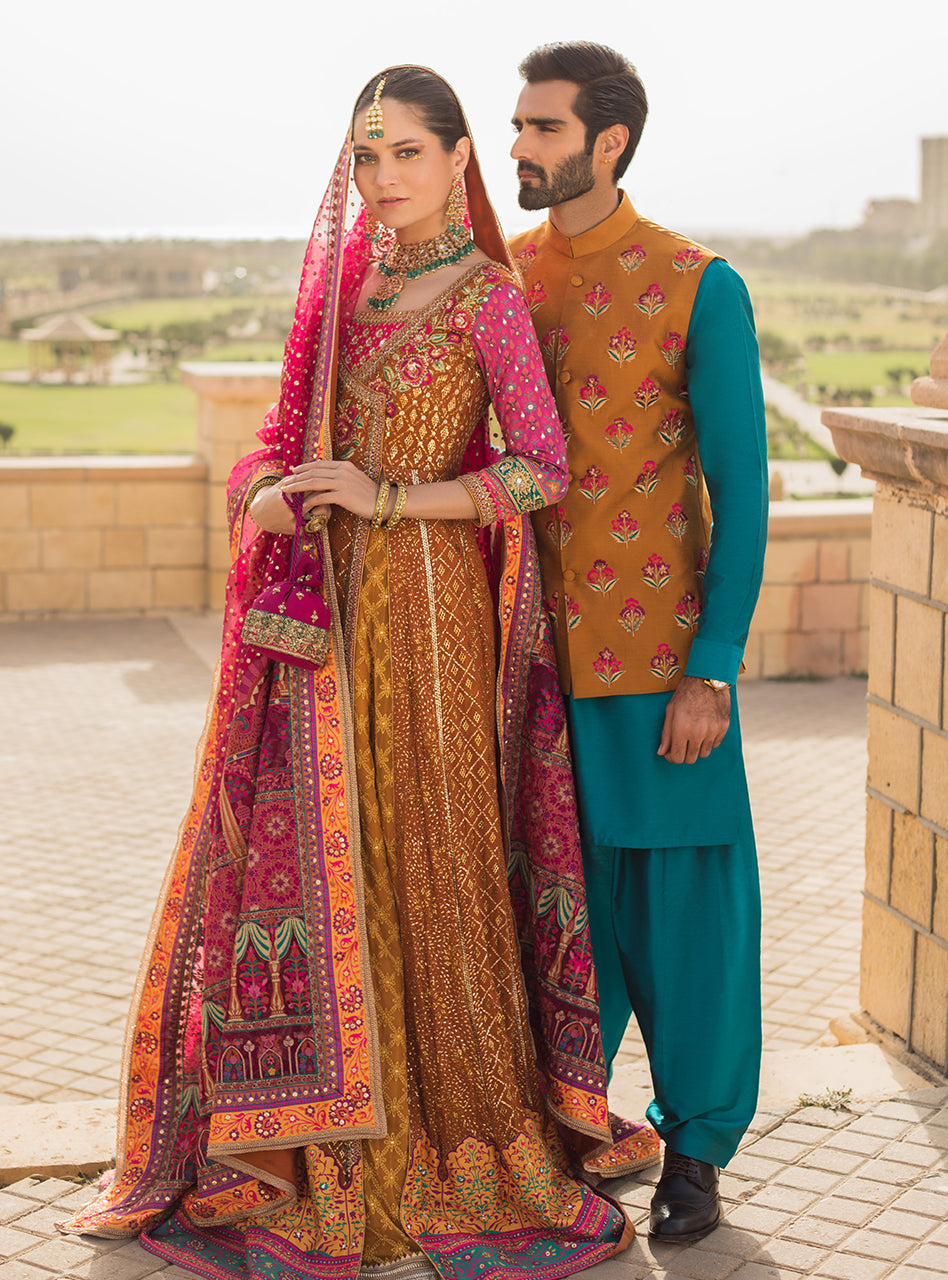 Mustard & Pink Mukesh Embroidered Chiffon Anarkali (3-Piece) - Image 2