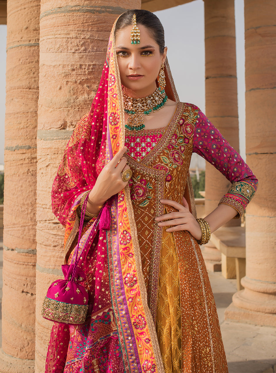 Mustard & Pink Mukesh Embroidered Chiffon Anarkali (3-Piece) - Image 4
