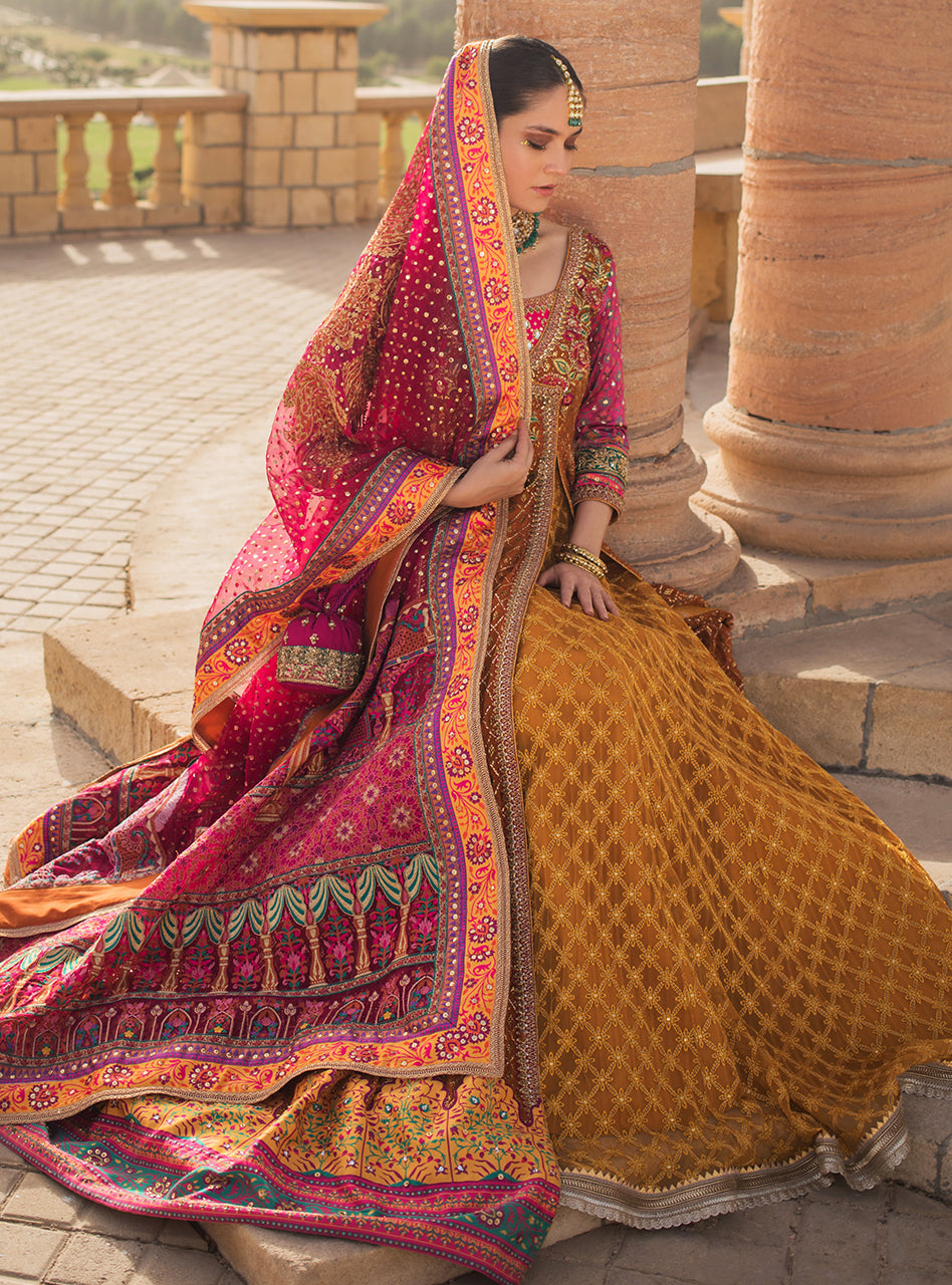 Mustard & Pink Mukesh Embroidered Chiffon Anarkali (3-Piece) - Image 7