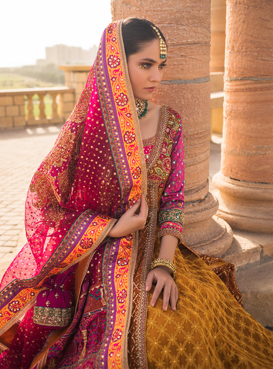 Mustard & Pink Mukesh Embroidered Chiffon Anarkali (3-Piece) - Image 9