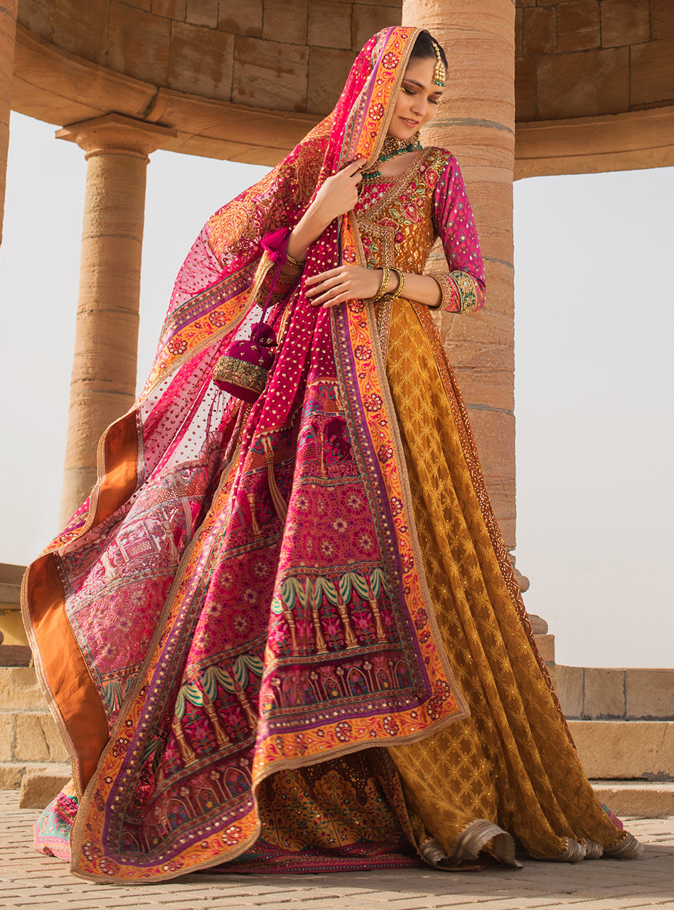 Mustard Mukesh Embroidered Chiffon Anarkali Angrakha (3-Piece) - Image 2