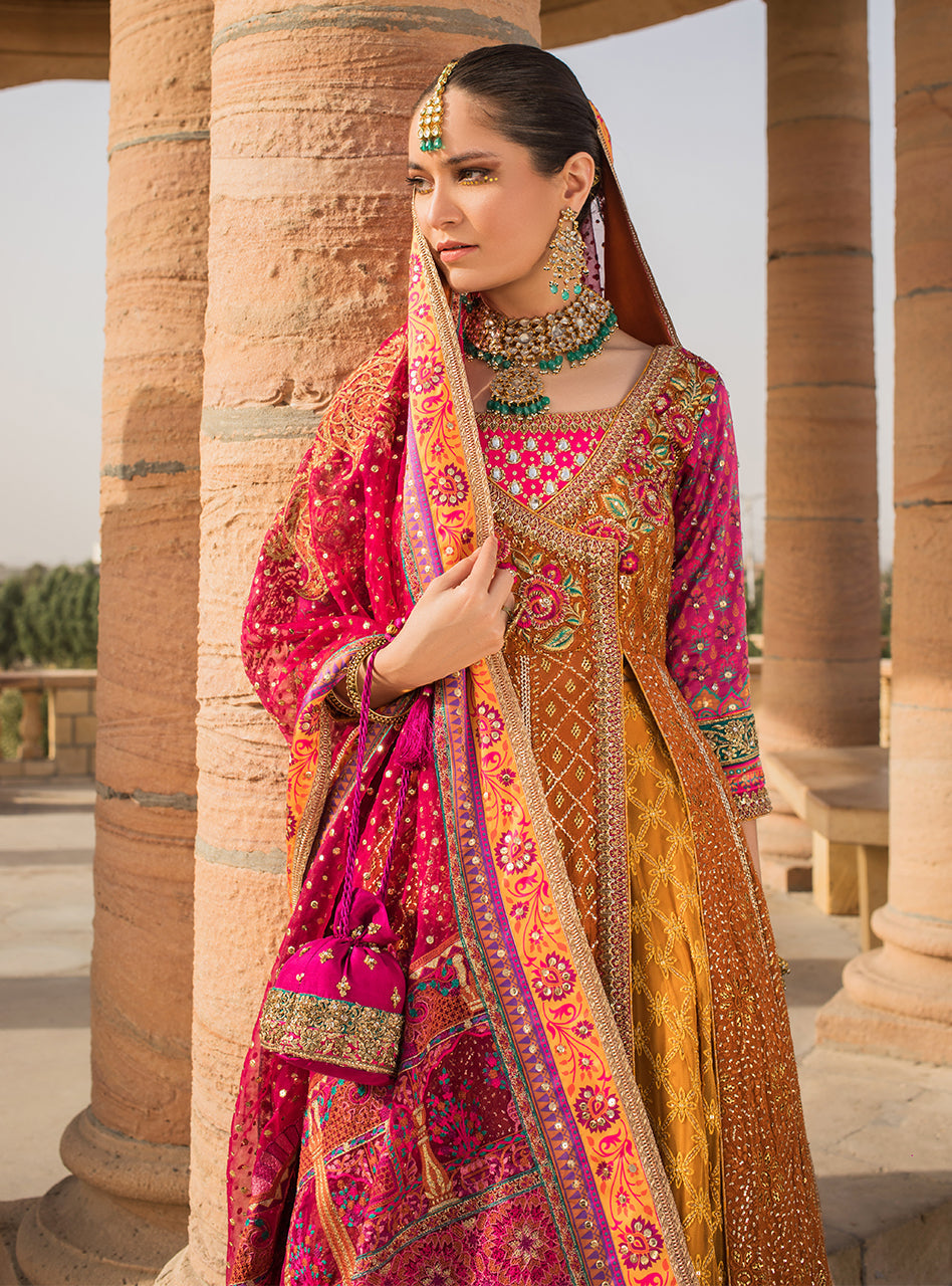 Mustard Mukesh Embroidered Chiffon Anarkali Angrakha (3-Piece) - Image 5