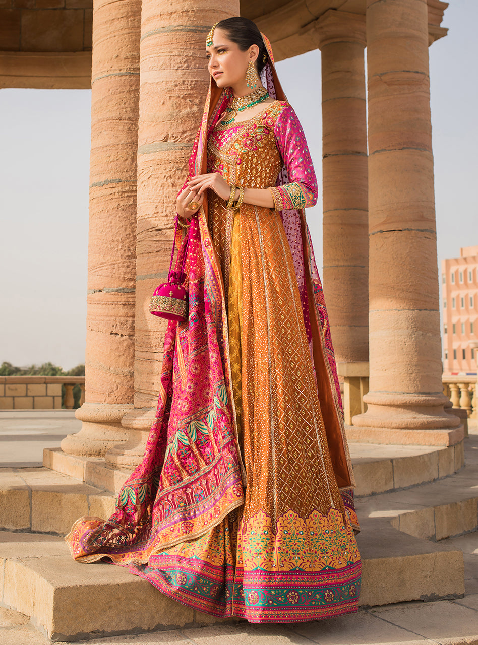 Mustard Mukesh Embroidered Chiffon Anarkali Angrakha (3-Piece) - Image 6