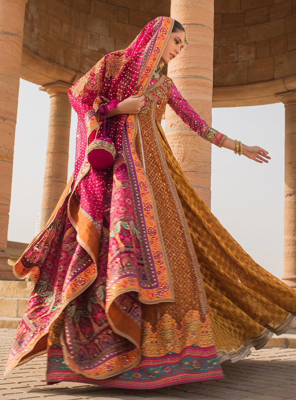 Mustard Mukesh Embroidered Chiffon Anarkali Angrakha (3-Piece) - Image 7