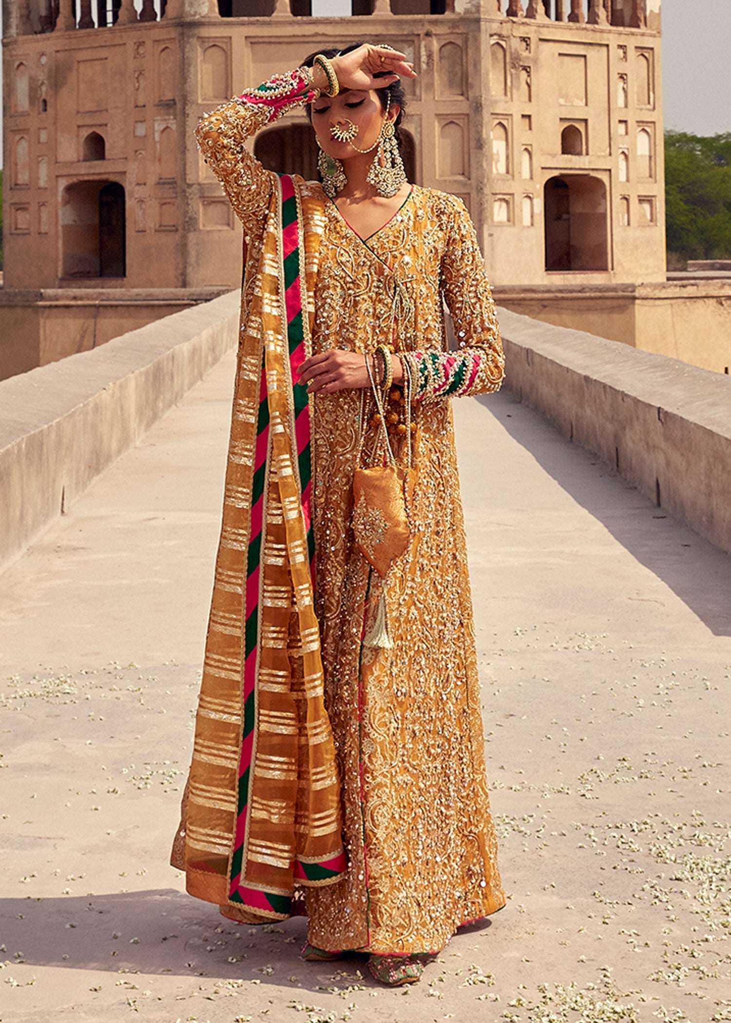 Indian Mustard Gold Tilla Kathan Organza Angrakha (4-Piece) - Image 1