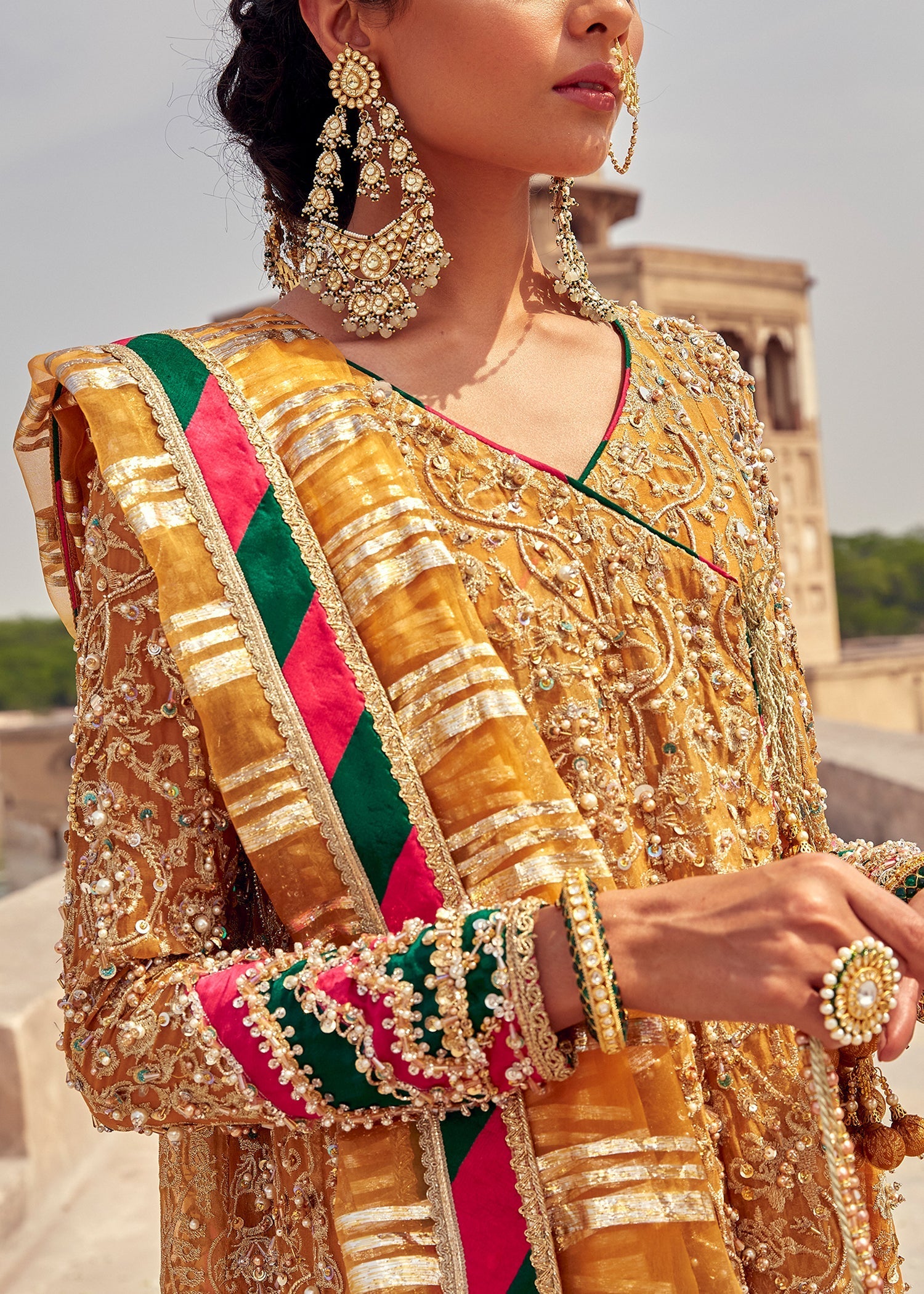 Indian Mustard Gold Tilla Kathan Organza Angrakha (4-Piece) - Image 2