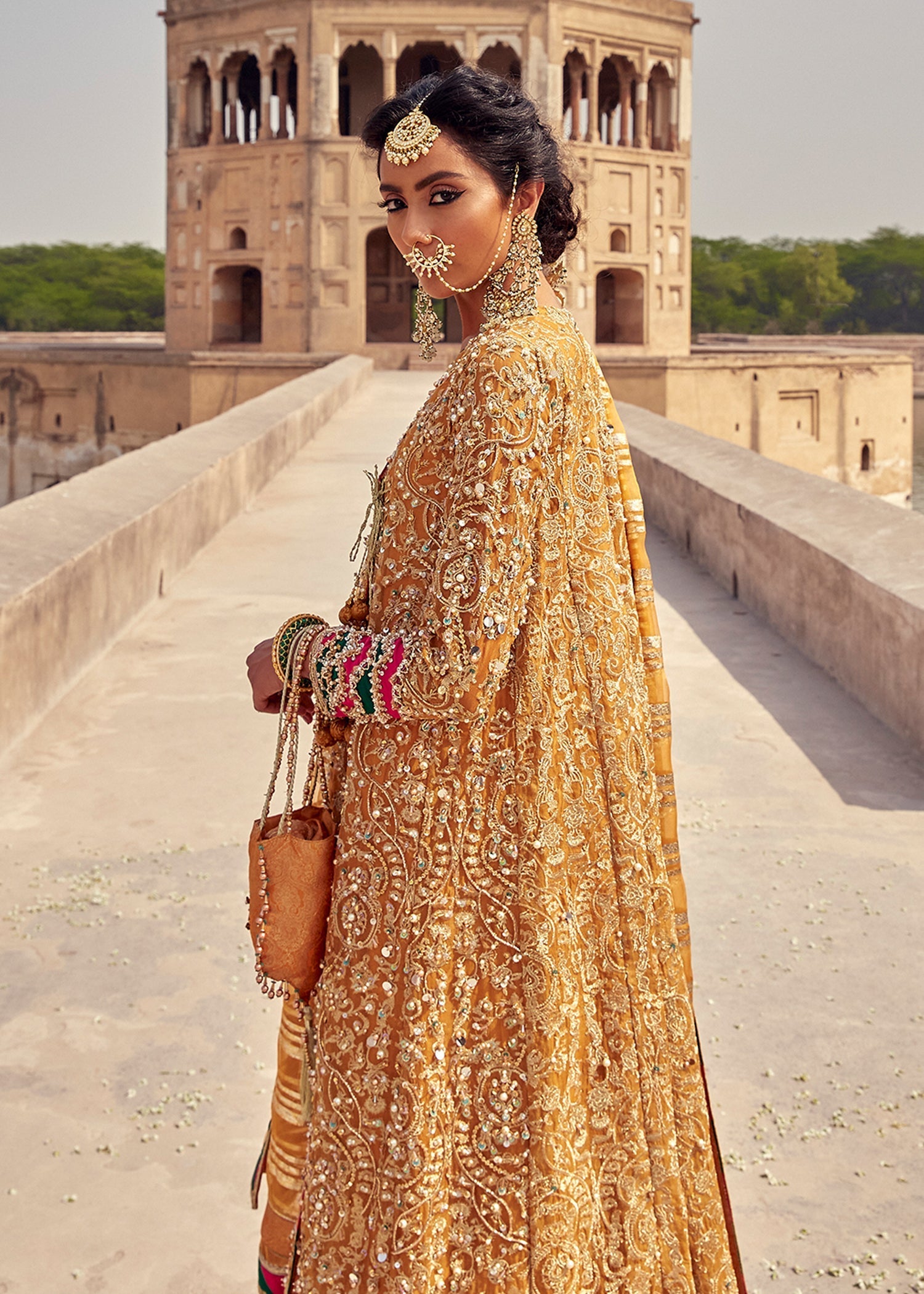 Indian Mustard Gold Tilla Kathan Organza Angrakha (4-Piece) - Image 3