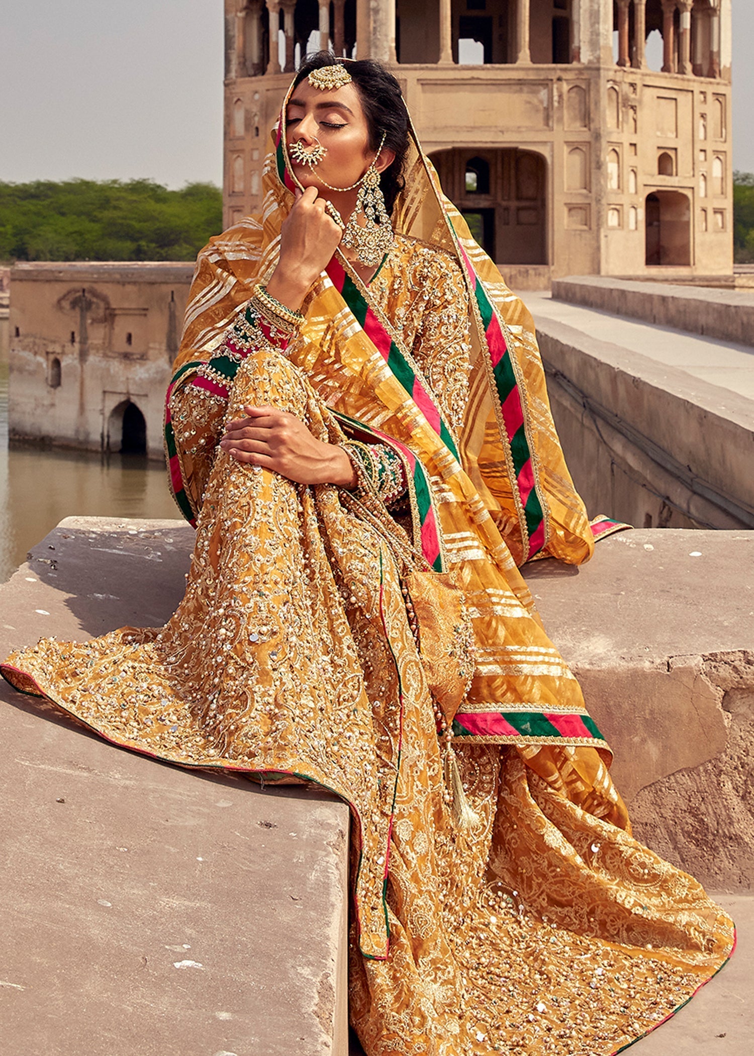Indian Mustard Gold Tilla Kathan Organza Angrakha (4-Piece) - Image 4