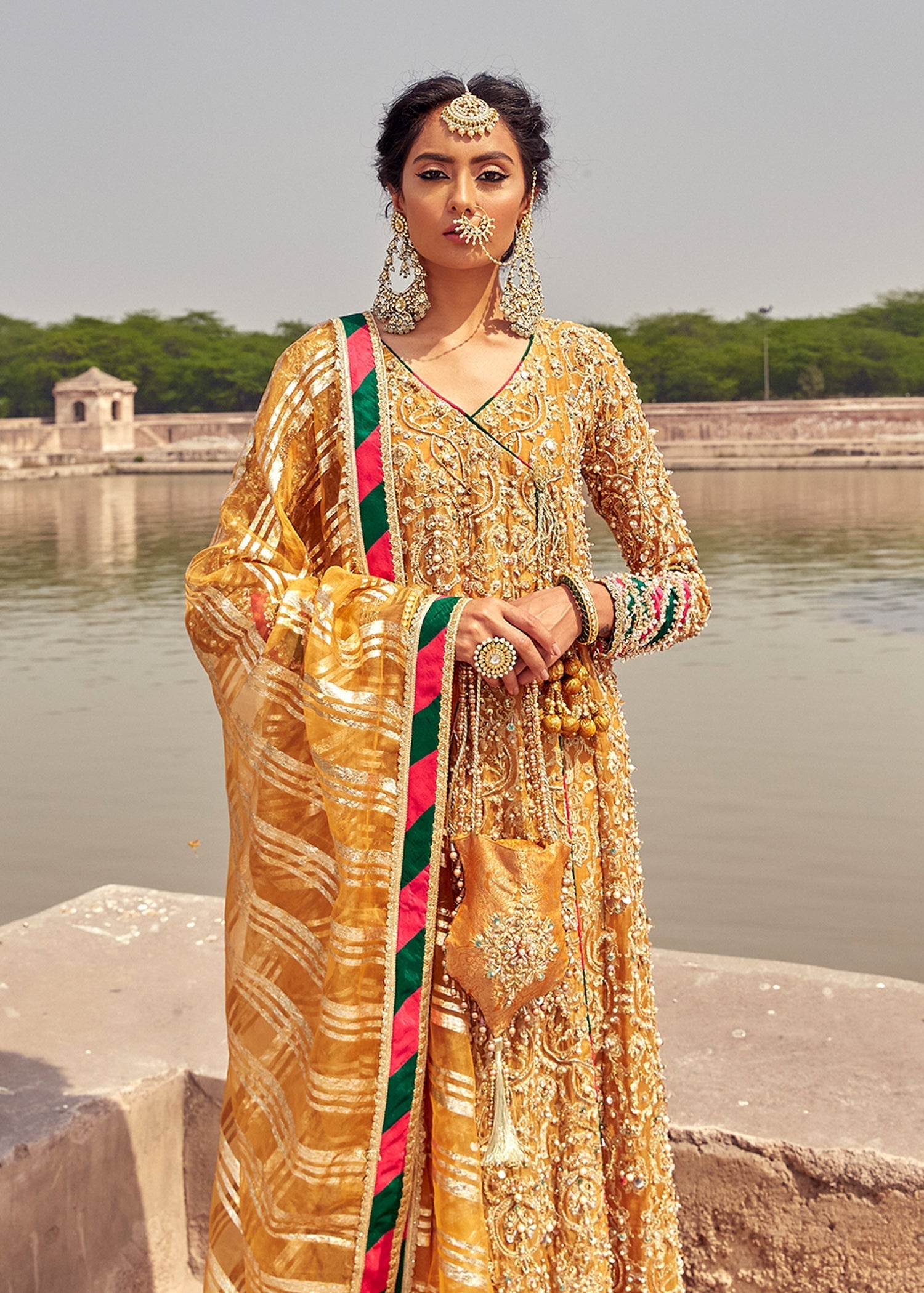 Indian Mustard Gold Tilla Kathan Organza Angrakha (4-Piece) - Image 6