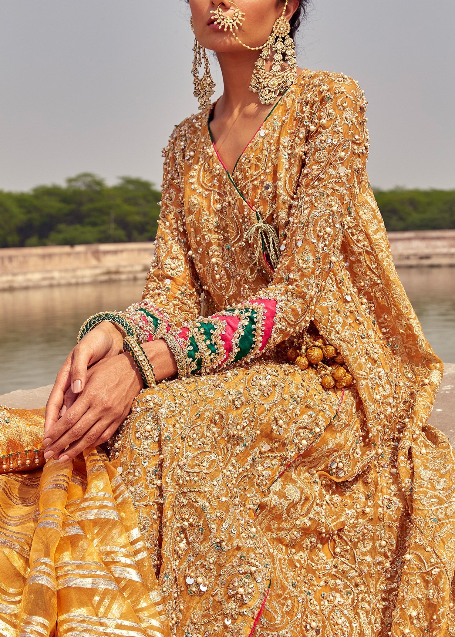 Indian Mustard Gold Tilla Kathan Organza Angrakha (4-Piece) - Image 7