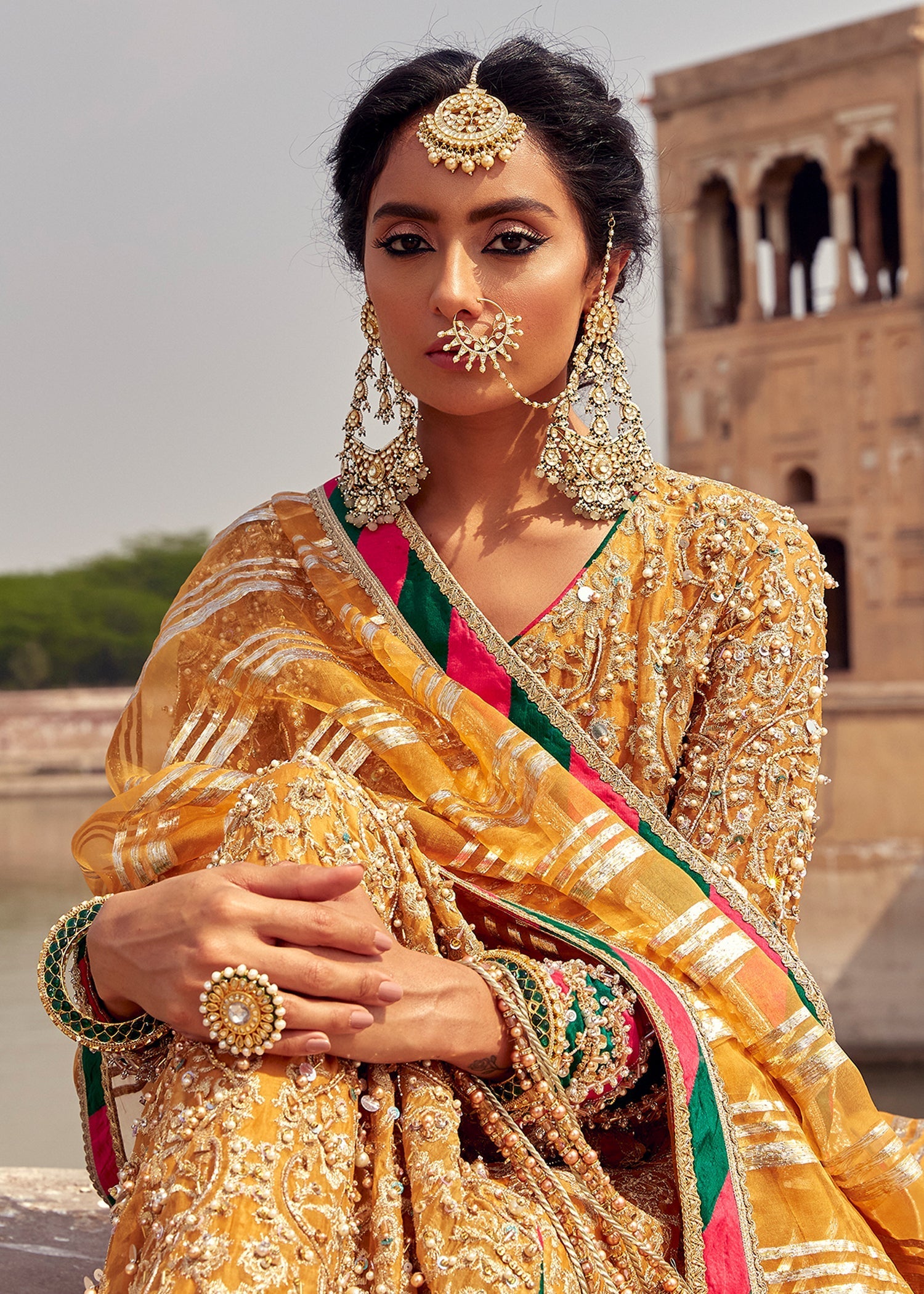 Indian Mustard Gold Tilla Kathan Organza Angrakha (4-Piece) - Image 9