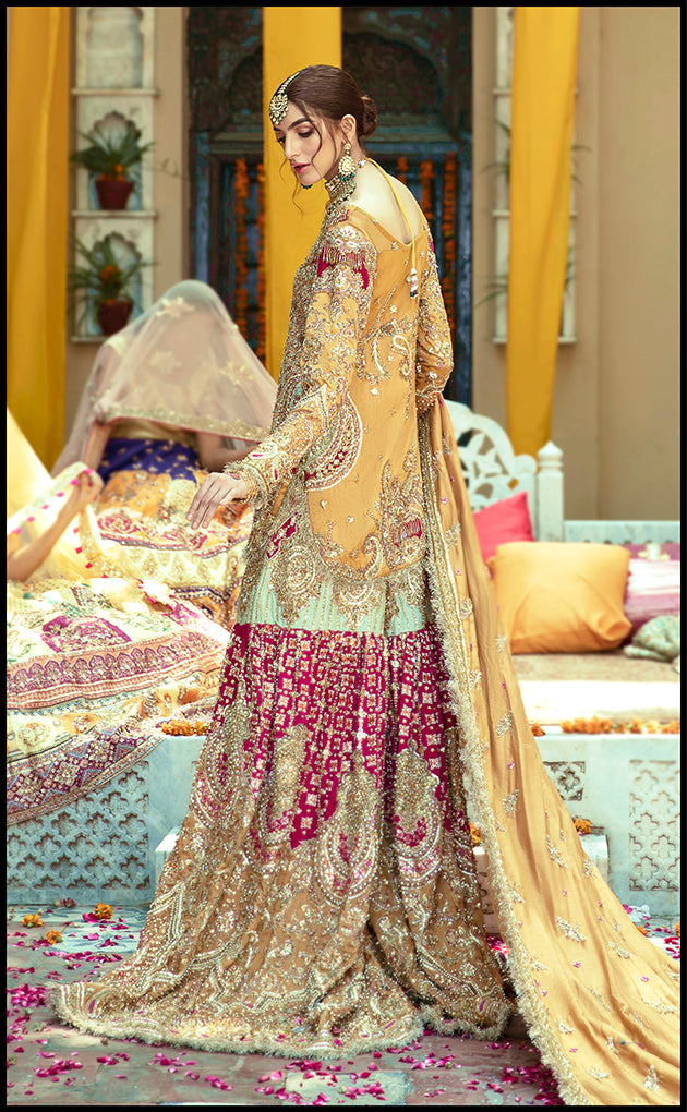 Mustard Embroidered Net Gol Ghera & Farshi Gharara (3-Piece) - Image 2