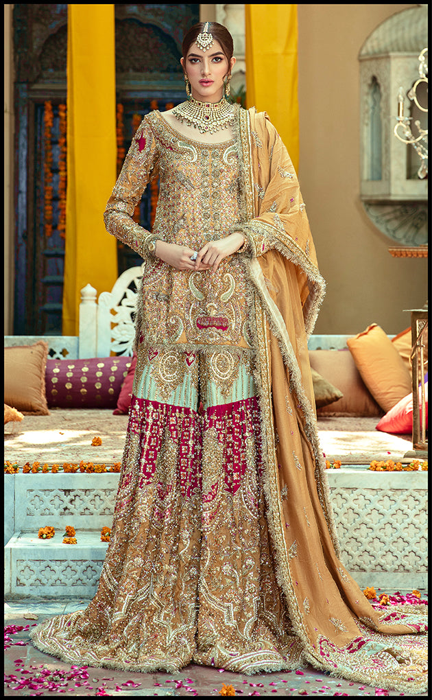 Mustard Embroidered Net Gol Ghera & Farshi Gharara (3-Piece) - Image 4