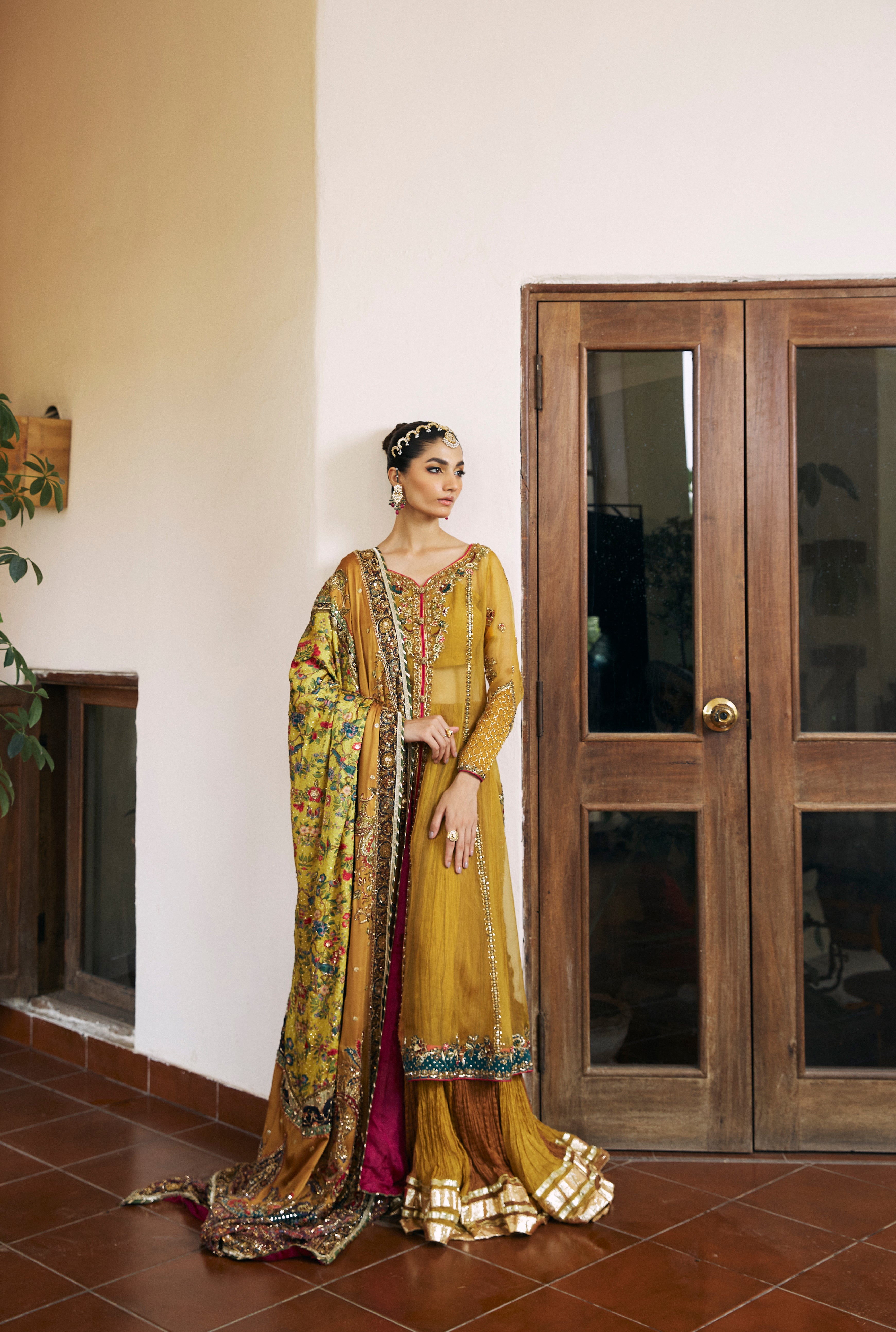 Mustard Hand-Embroidered Silk Kalidar Gharara (3-Piece) - Image 1