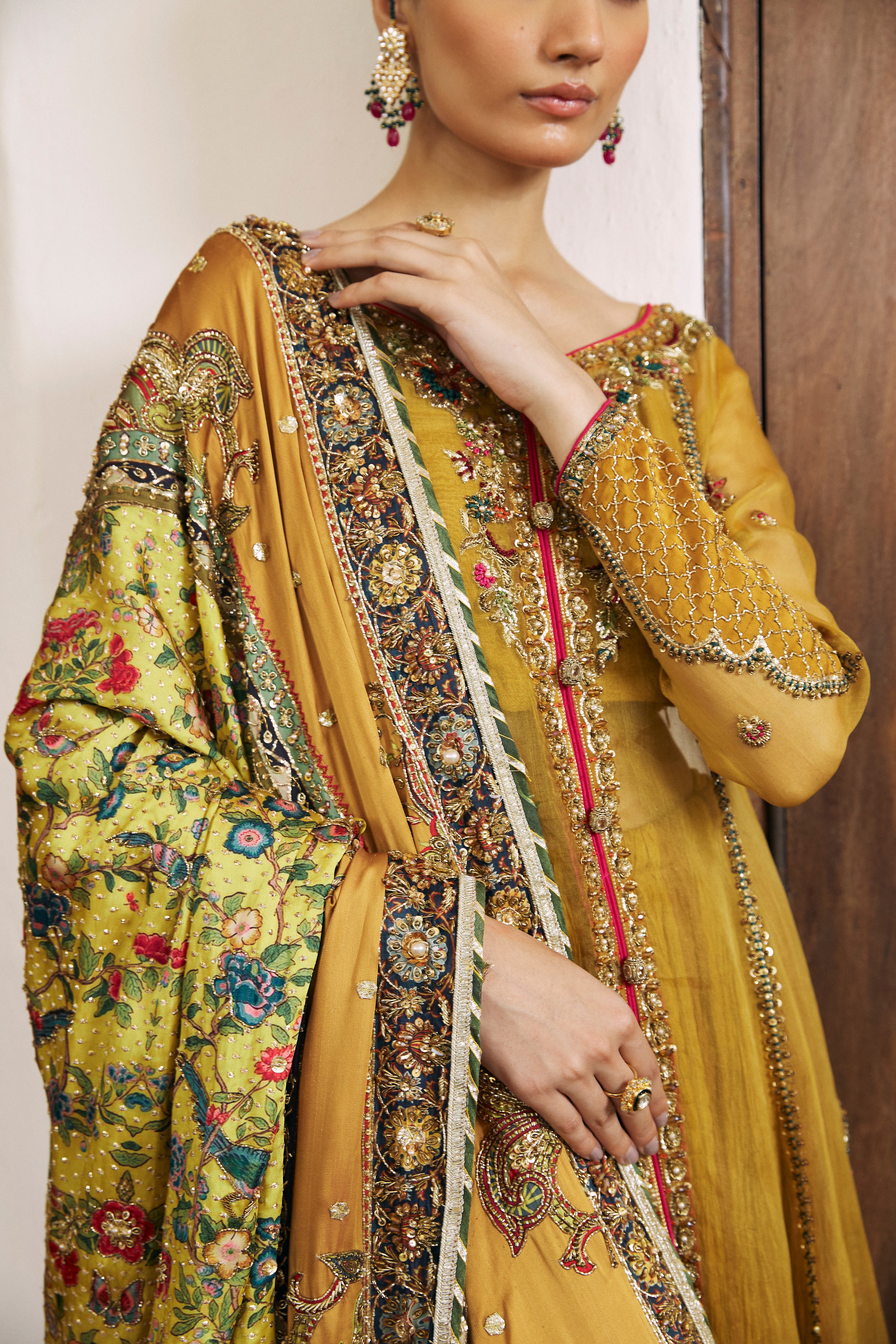 Mustard Hand-Embroidered Silk Kalidar Gharara (3-Piece) - Image 3