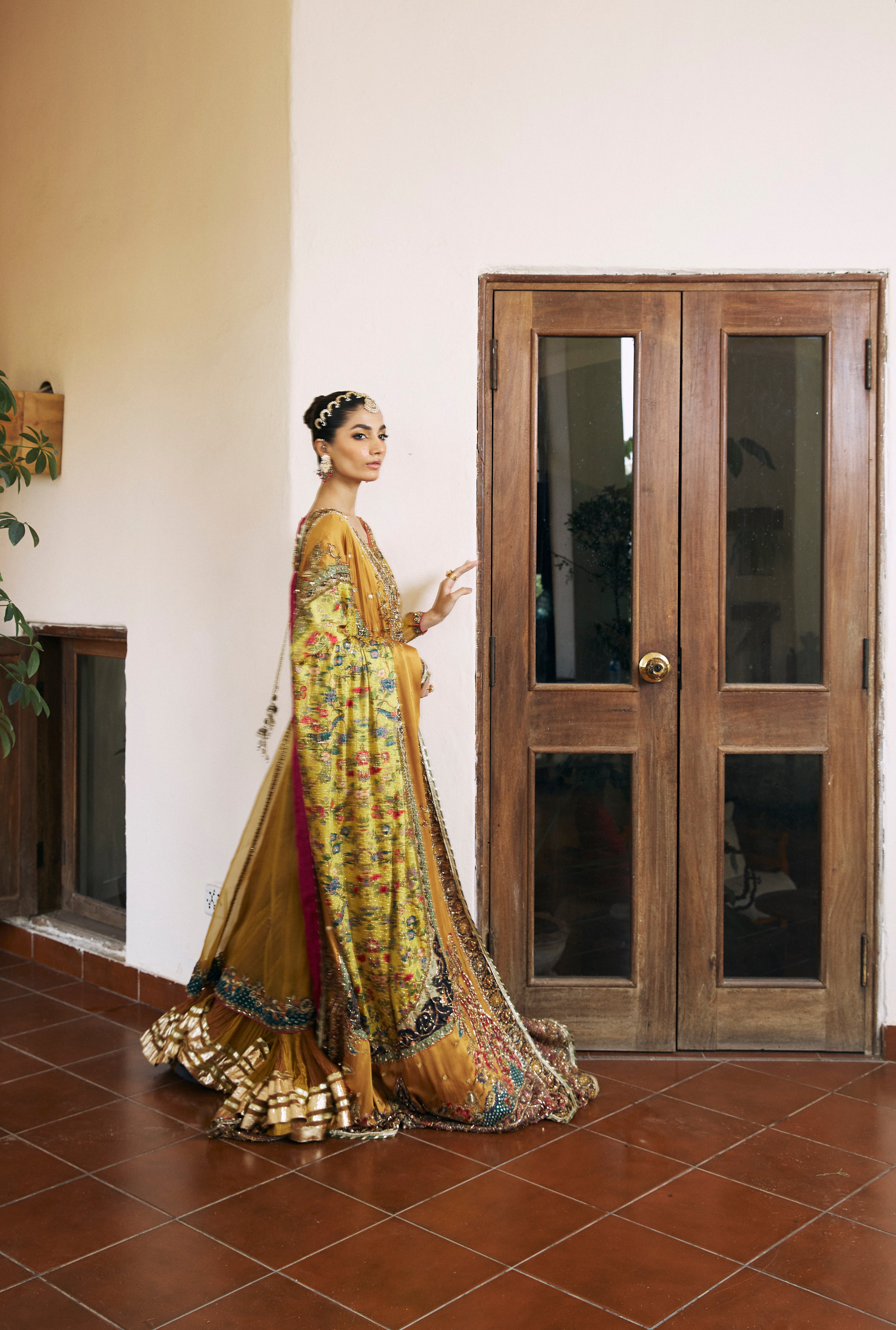 Mustard Hand-Embroidered Silk Kalidar Gharara (3-Piece) - Image 4