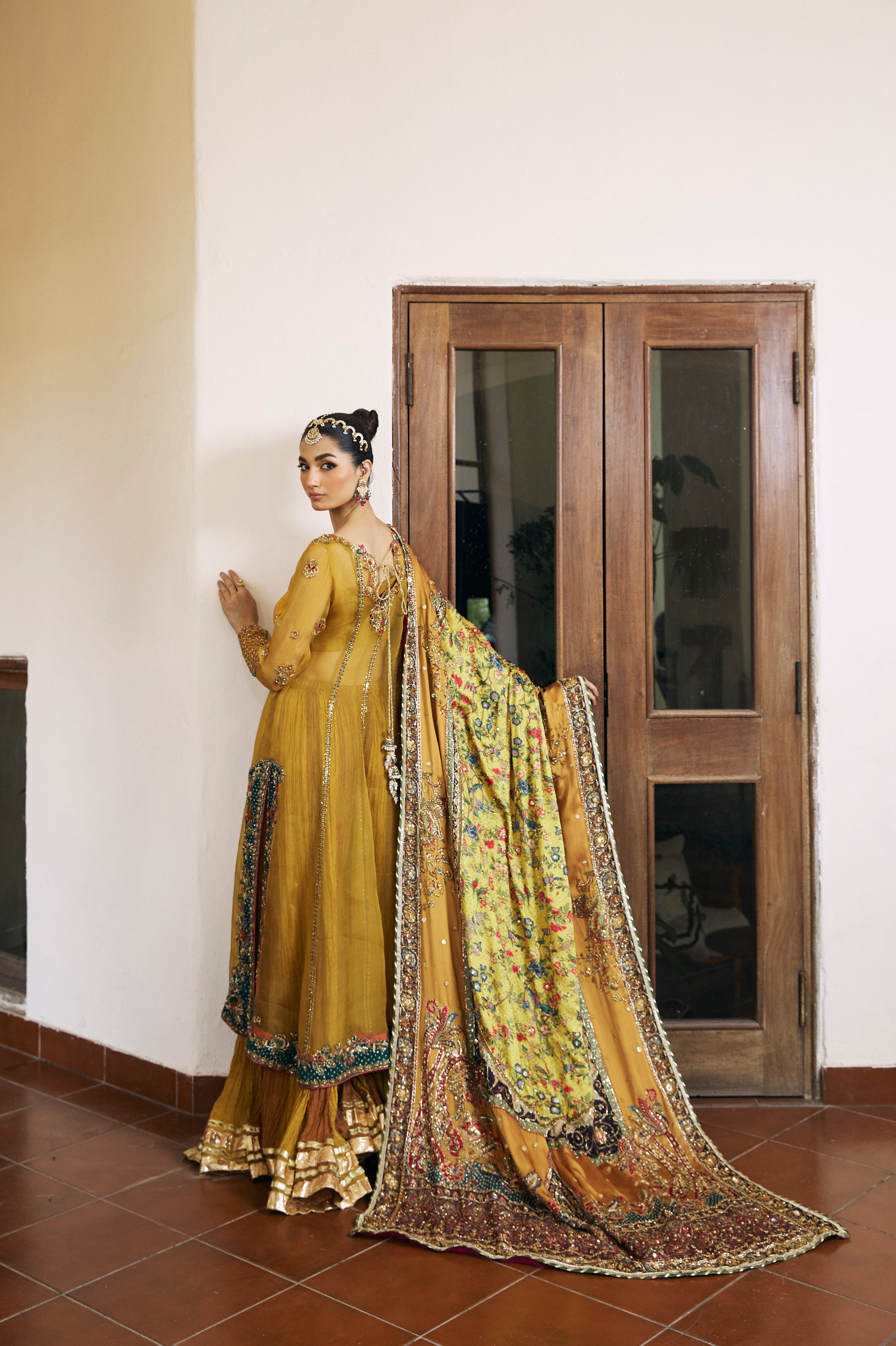 Mustard Hand-Embroidered Silk Kalidar Gharara (3-Piece) - Image 5