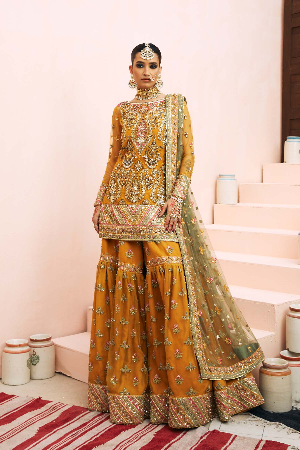 Pakistani Samoan Mustard Zardozi Silk Gharara Set (3-Piece) - Image 1