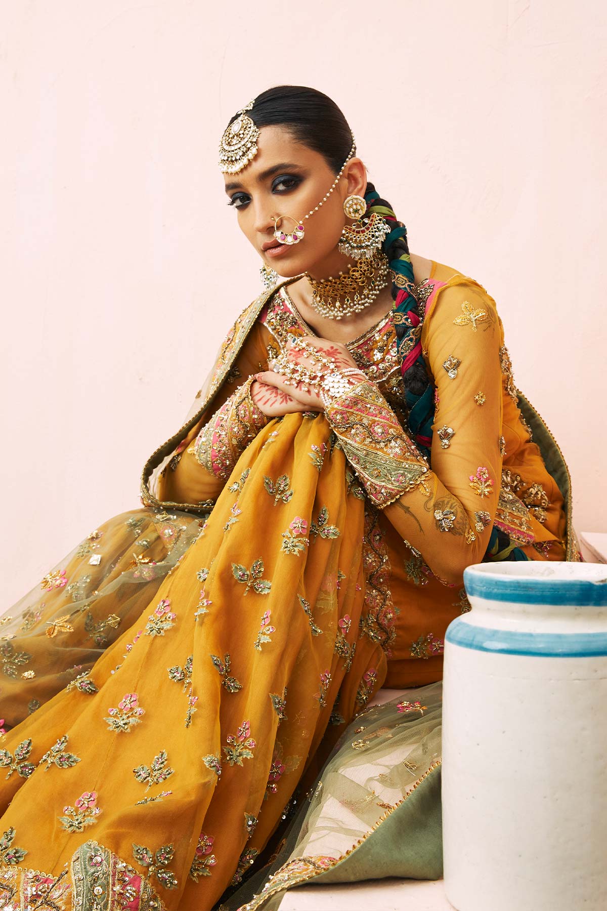 Pakistani Samoan Mustard Zardozi Silk Gharara Set (3-Piece) - Image 2
