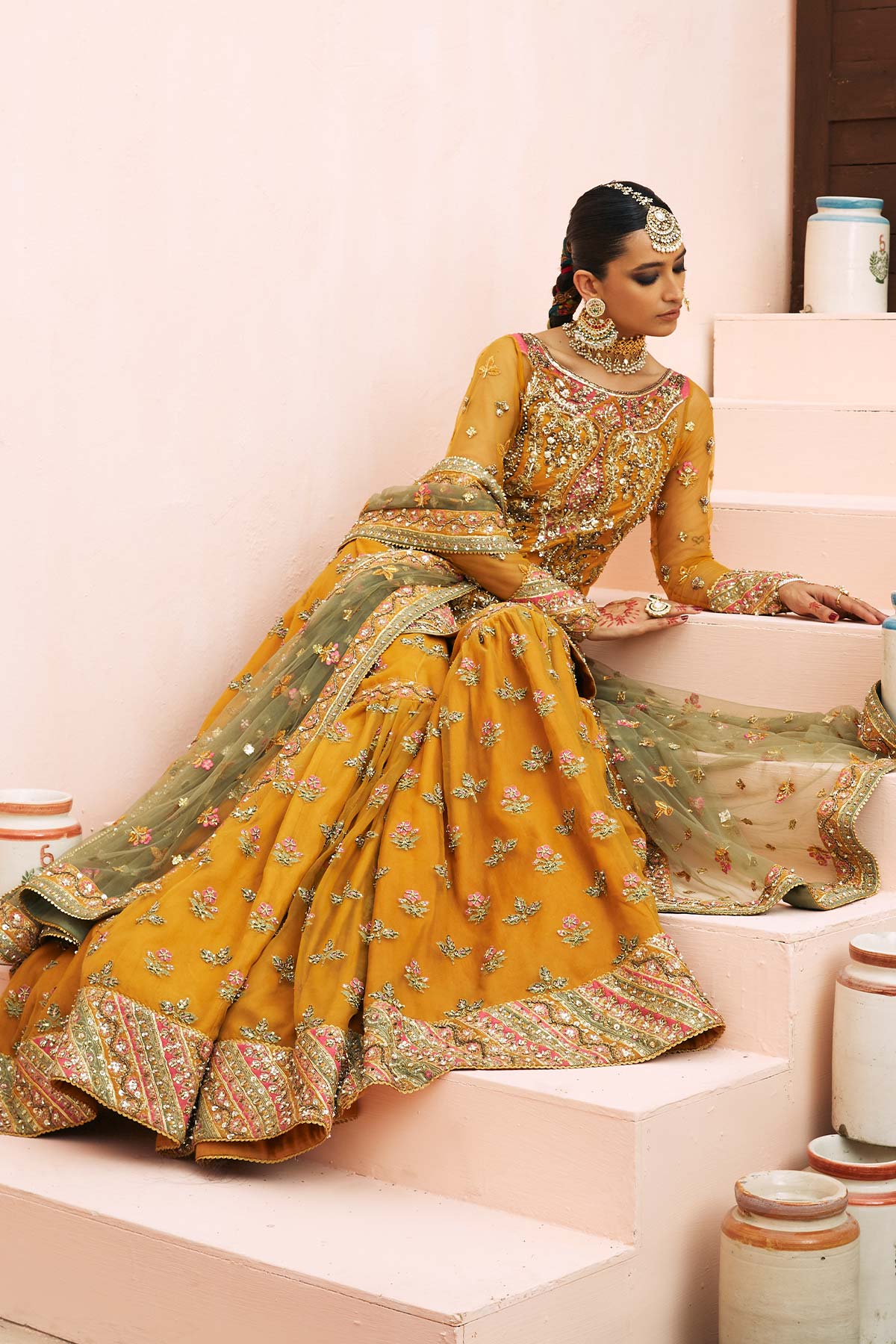 Pakistani Samoan Mustard Zardozi Silk Gharara Set (3-Piece) - Image 3