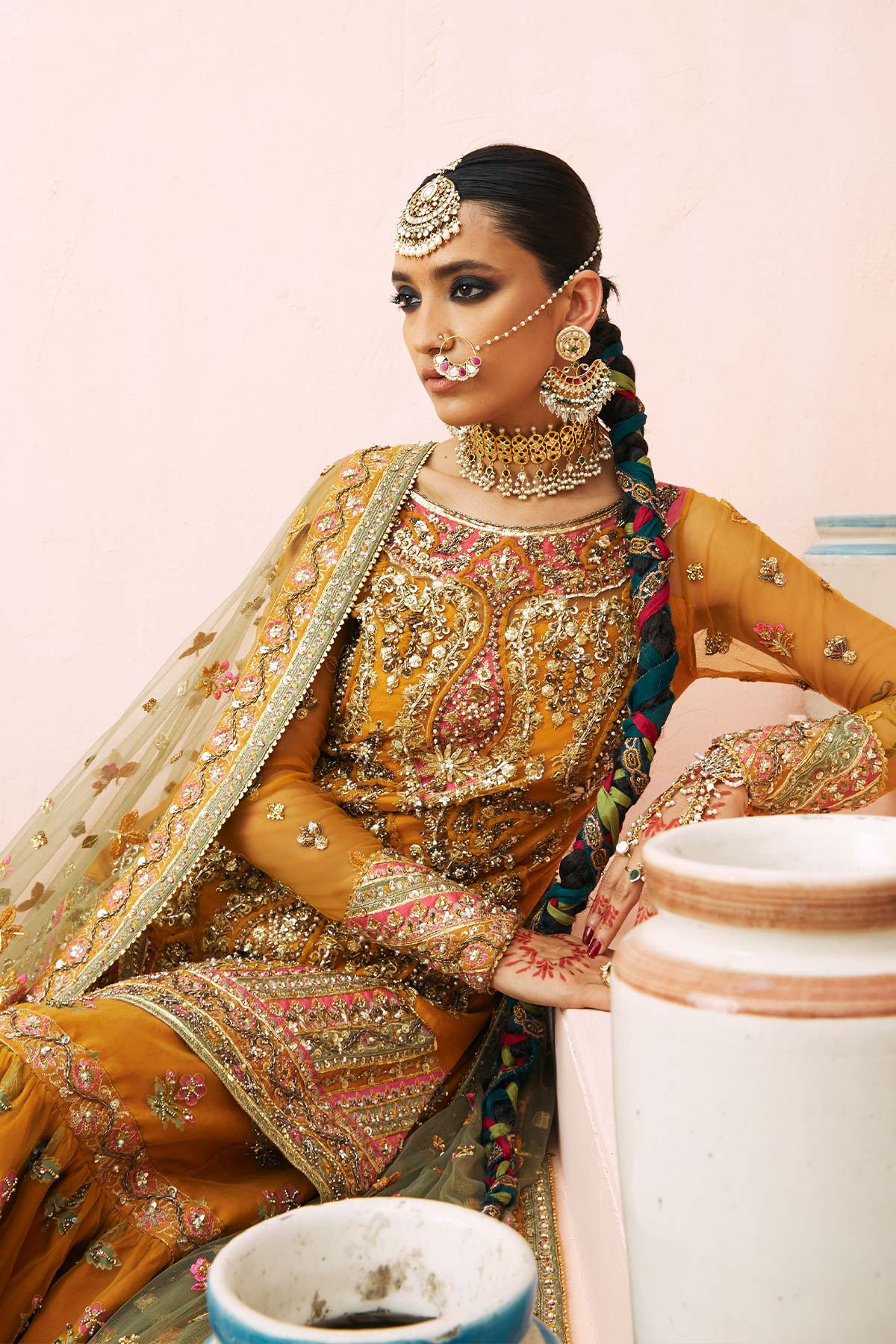 Pakistani Samoan Mustard Zardozi Silk Gharara Set (3-Piece) - Image 4