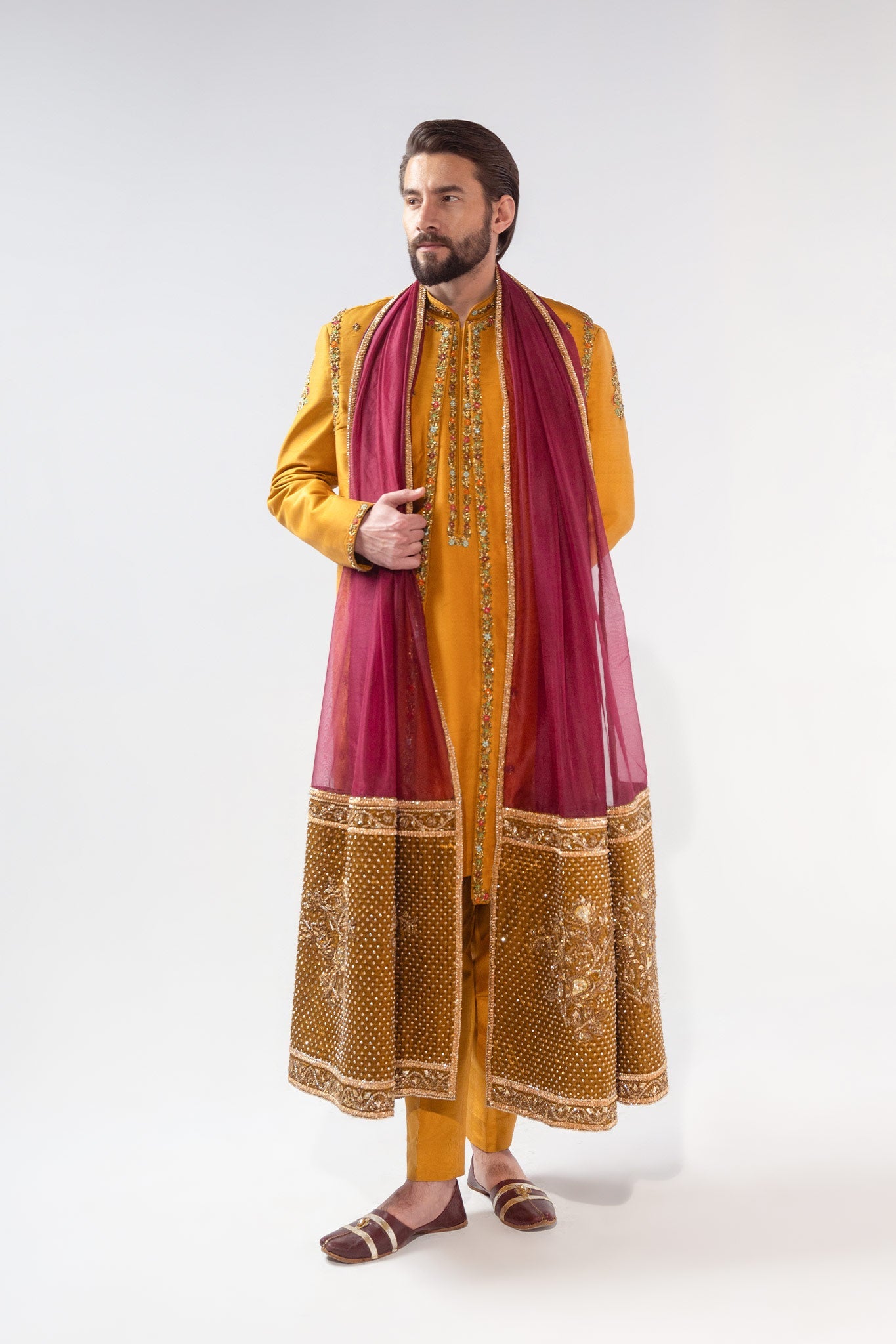 Mustard Embroidered Silk-Blend Sherwani (4-Piece) - Image 2