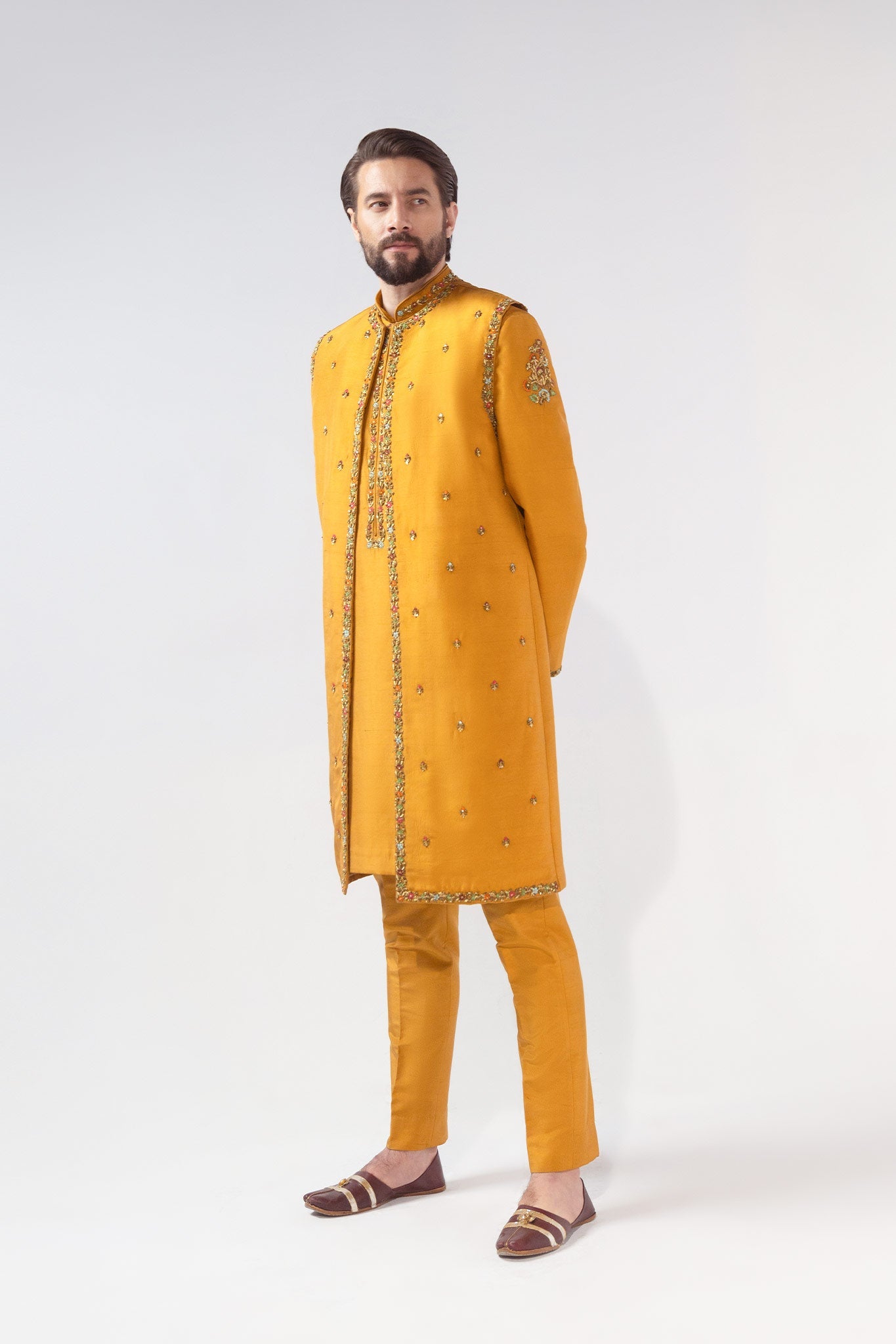 Mustard Embroidered Silk-Blend Sherwani (4-Piece) - Image 3