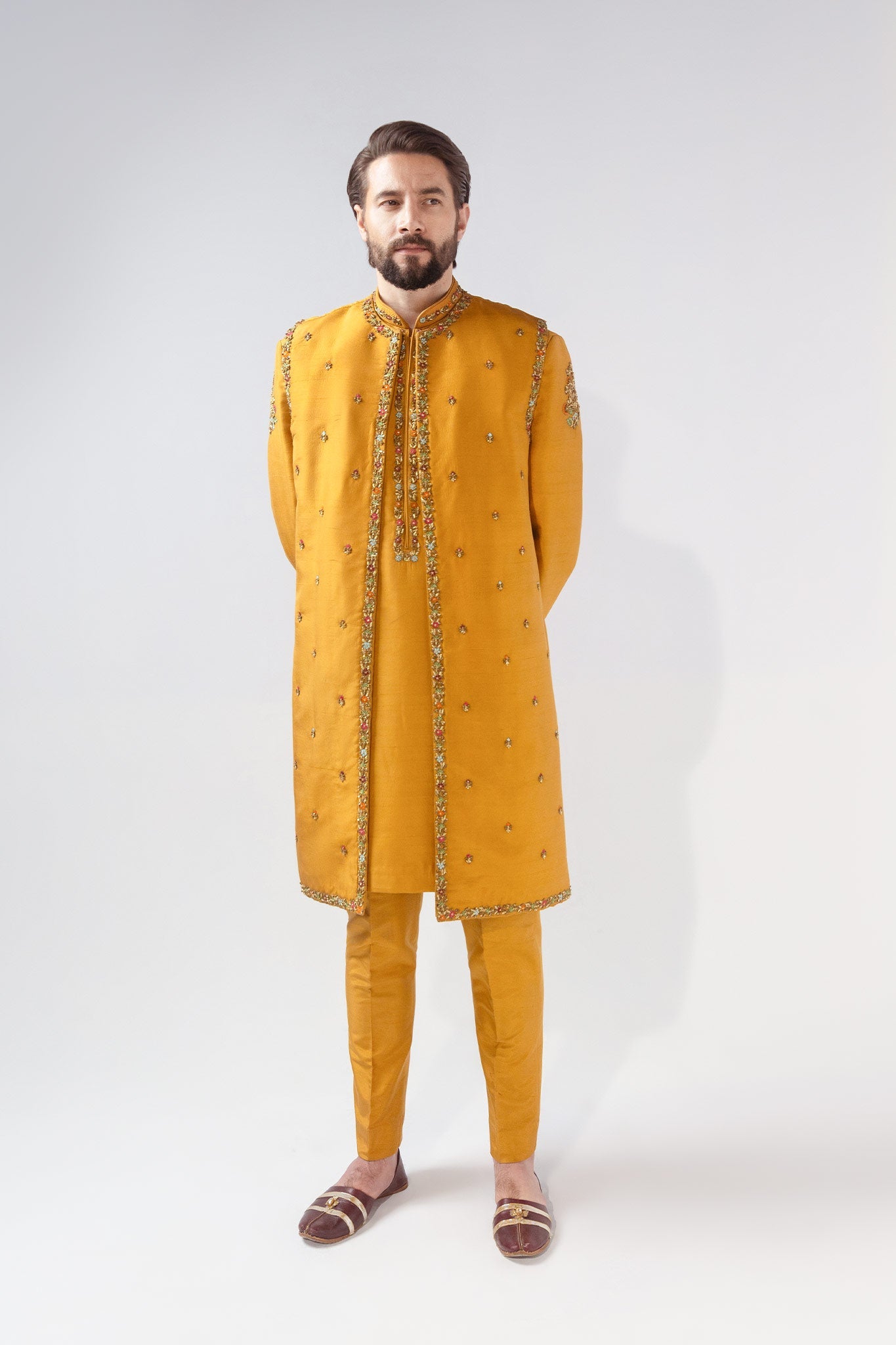 Mustard Embroidered Silk-Blend Sherwani (4-Piece) - Image 4