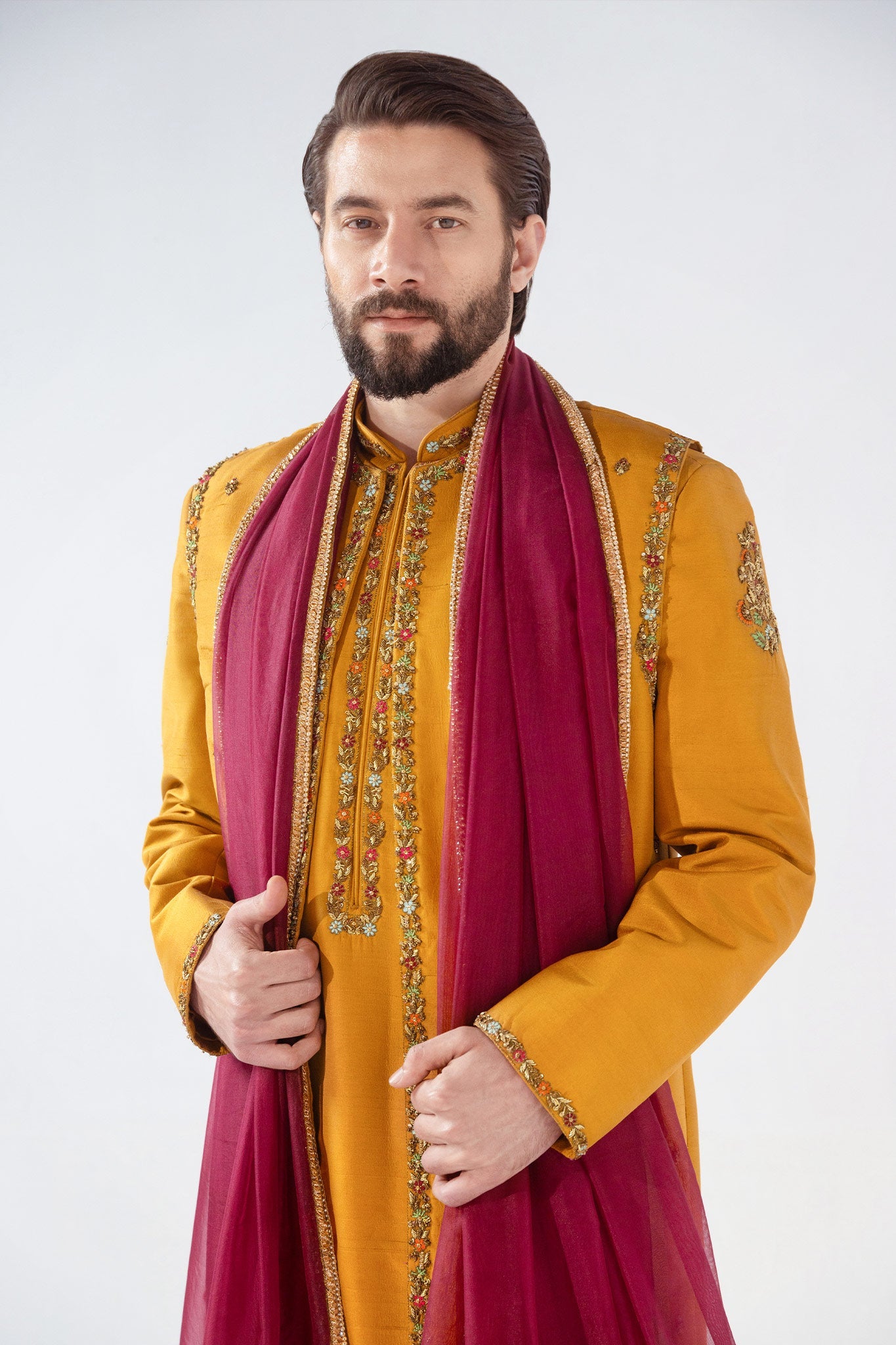 Mustard Embroidered Silk-Blend Sherwani (4-Piece) - Image 5