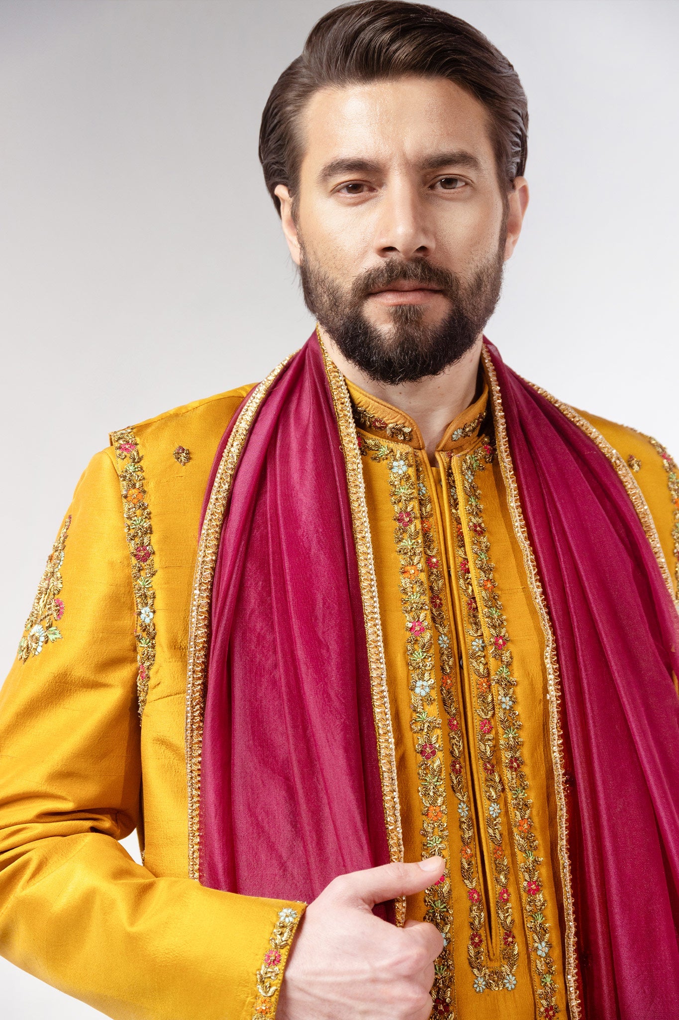 Mustard Embroidered Silk-Blend Sherwani (4-Piece) - Image 6