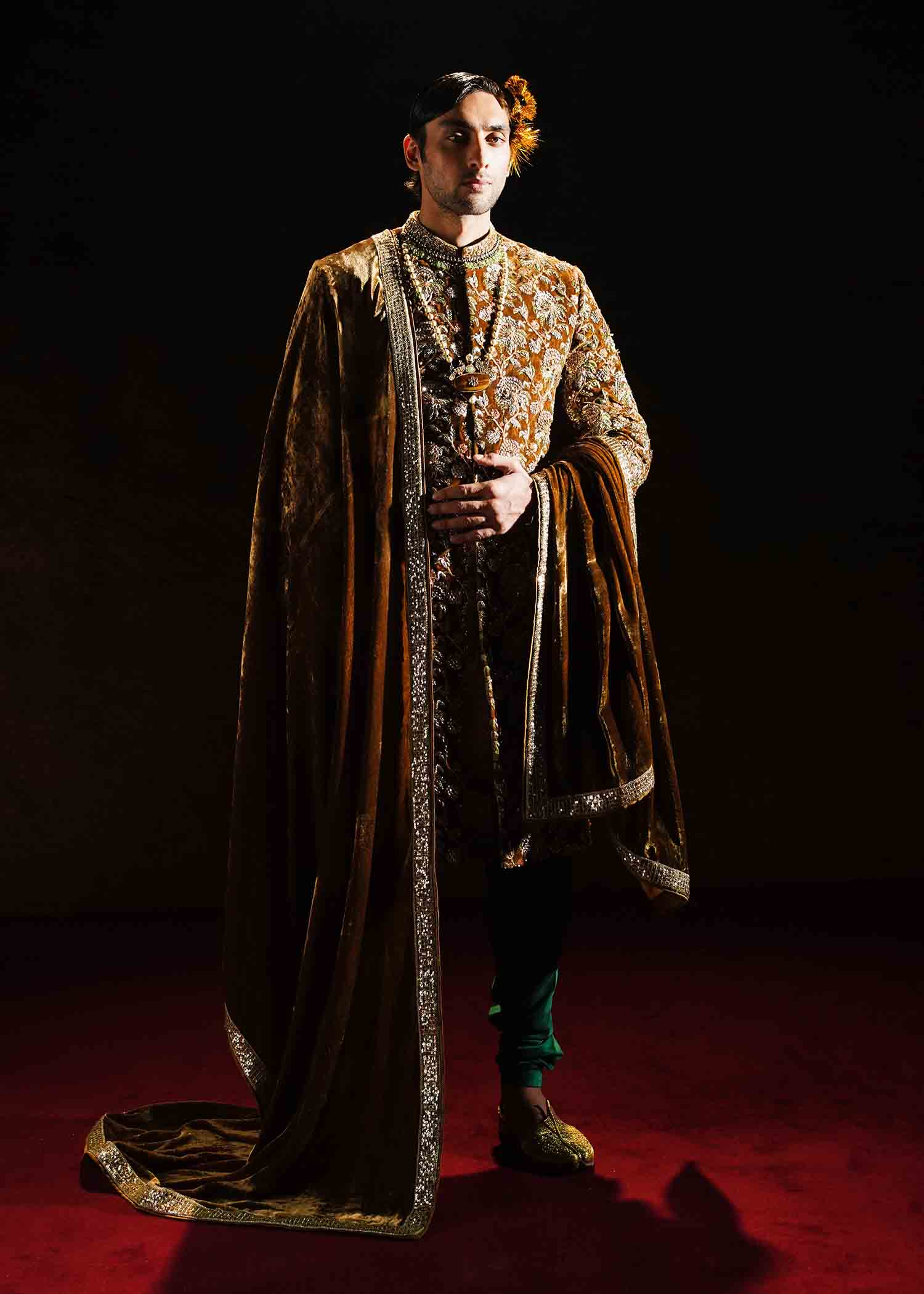 Mustard Adda Work Velvet Groom Sherwani (3-Piece) - Image 2