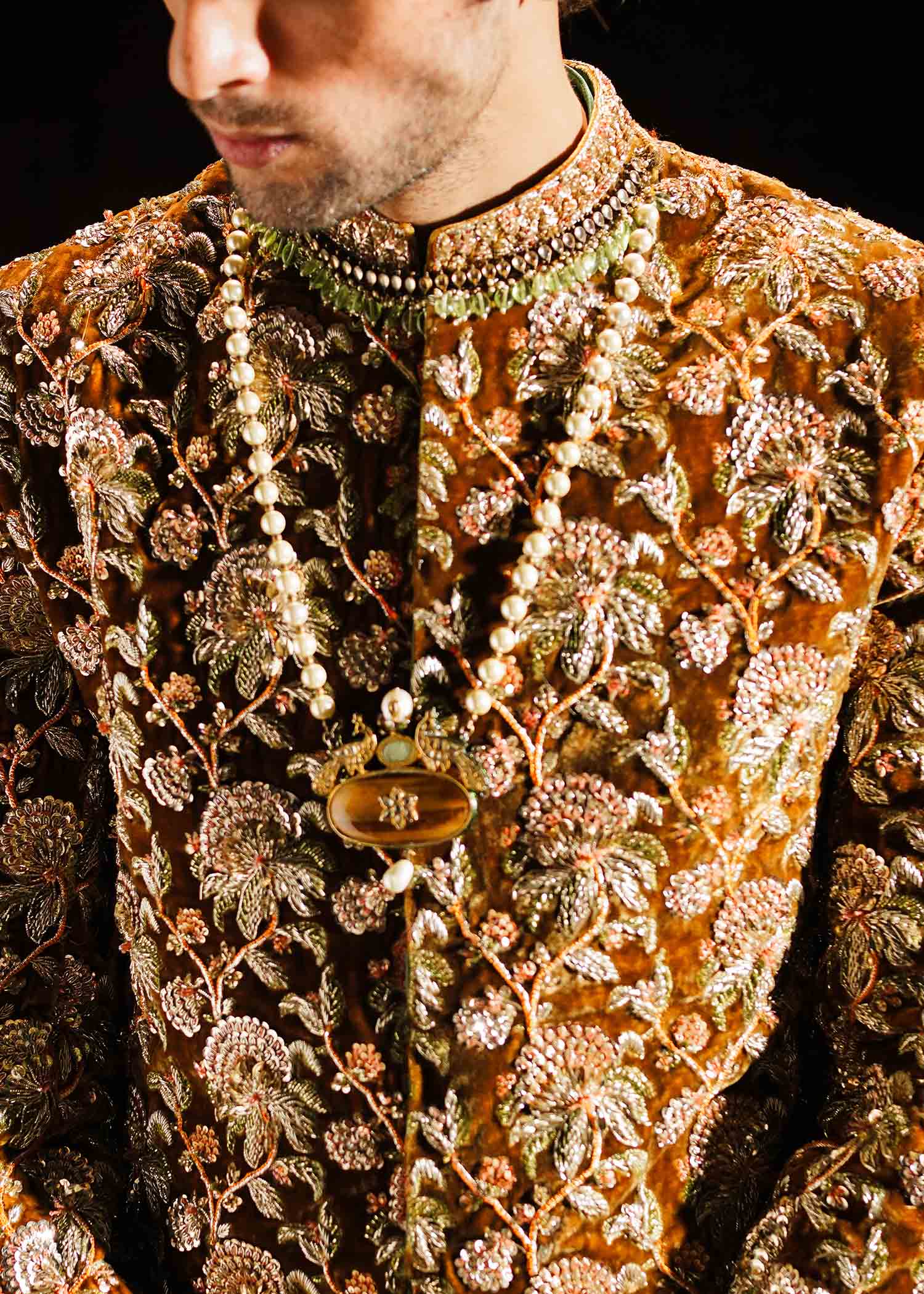 Mustard Adda Work Velvet Groom Sherwani (3-Piece) - Image 3