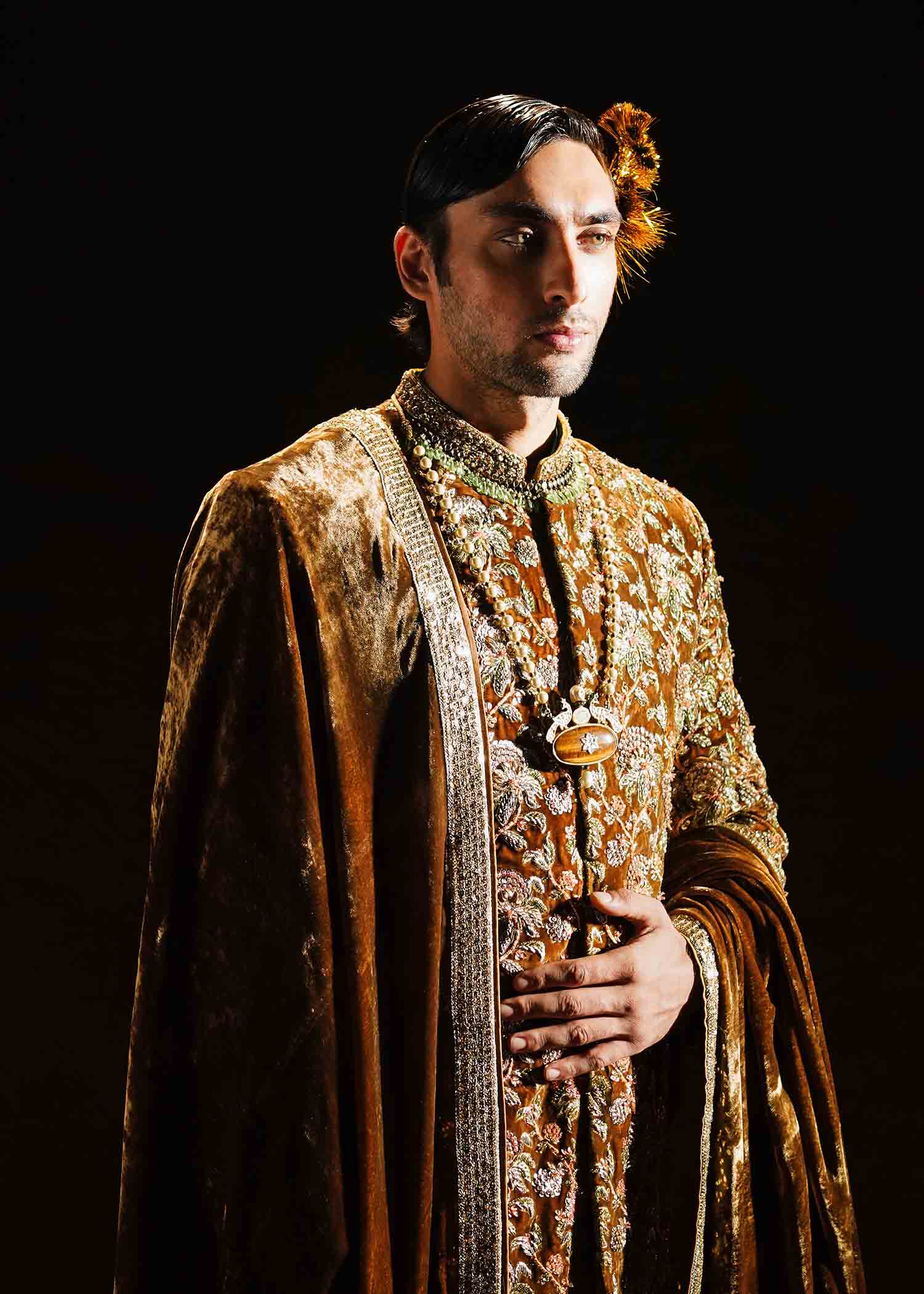 Mustard Adda Work Velvet Groom Sherwani (3-Piece) - Image 4