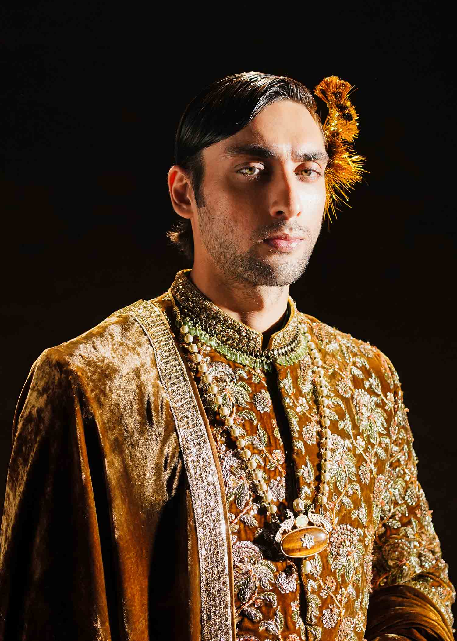 Mustard Adda Work Velvet Groom Sherwani (3-Piece) - Image 5