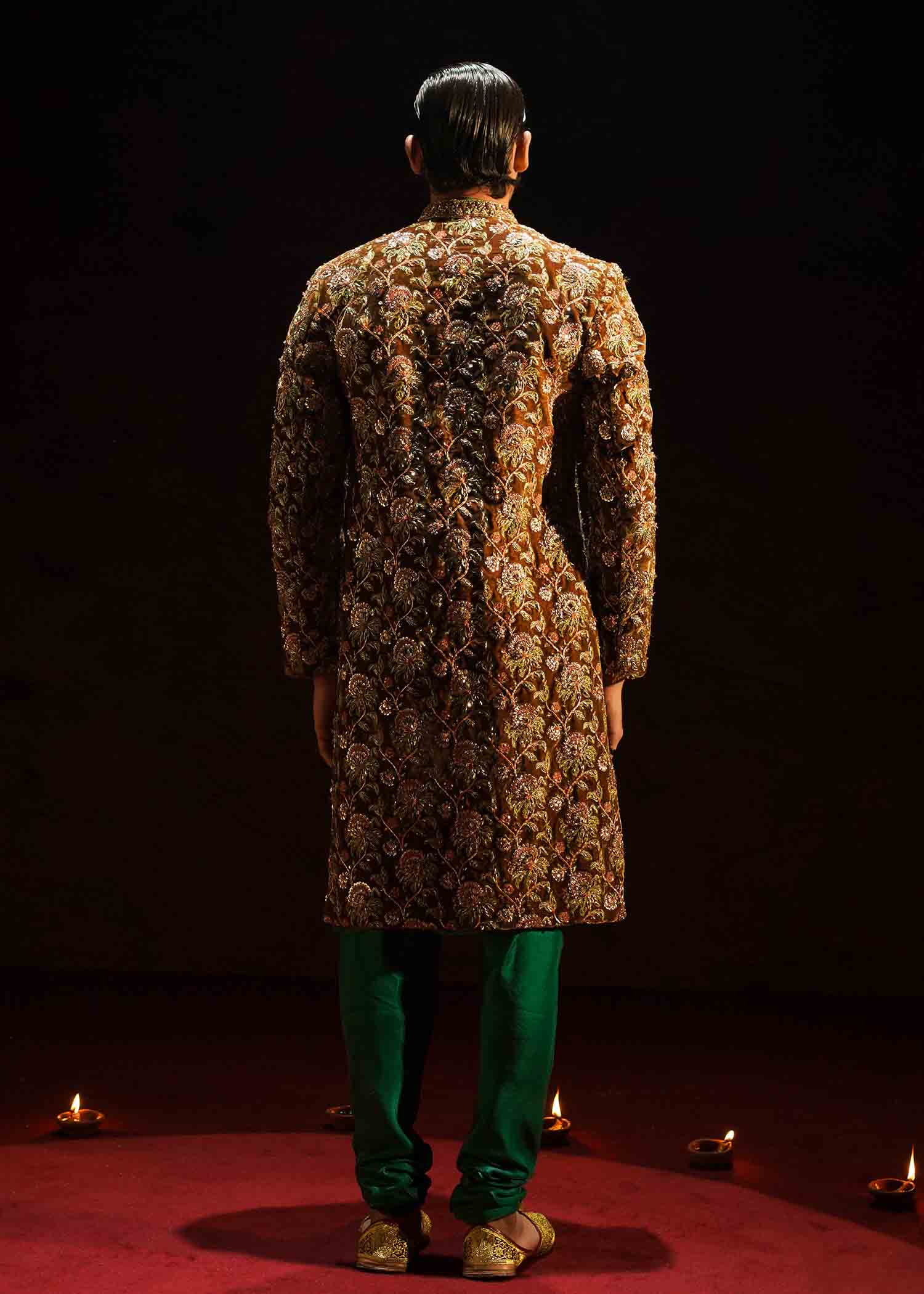 Mustard Adda Work Velvet Groom Sherwani (3-Piece) - Image 6