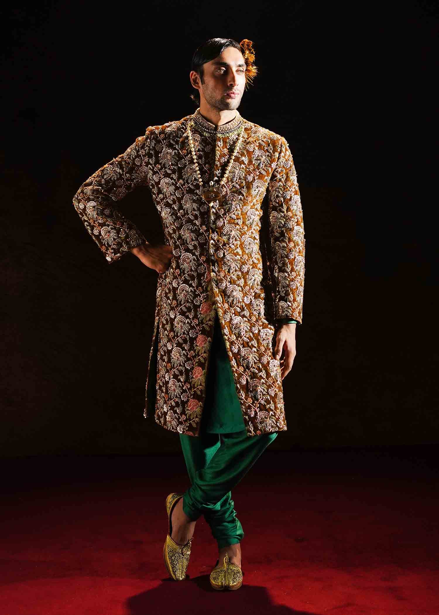 Mustard Adda Work Velvet Groom Sherwani (3-Piece) - Image 7