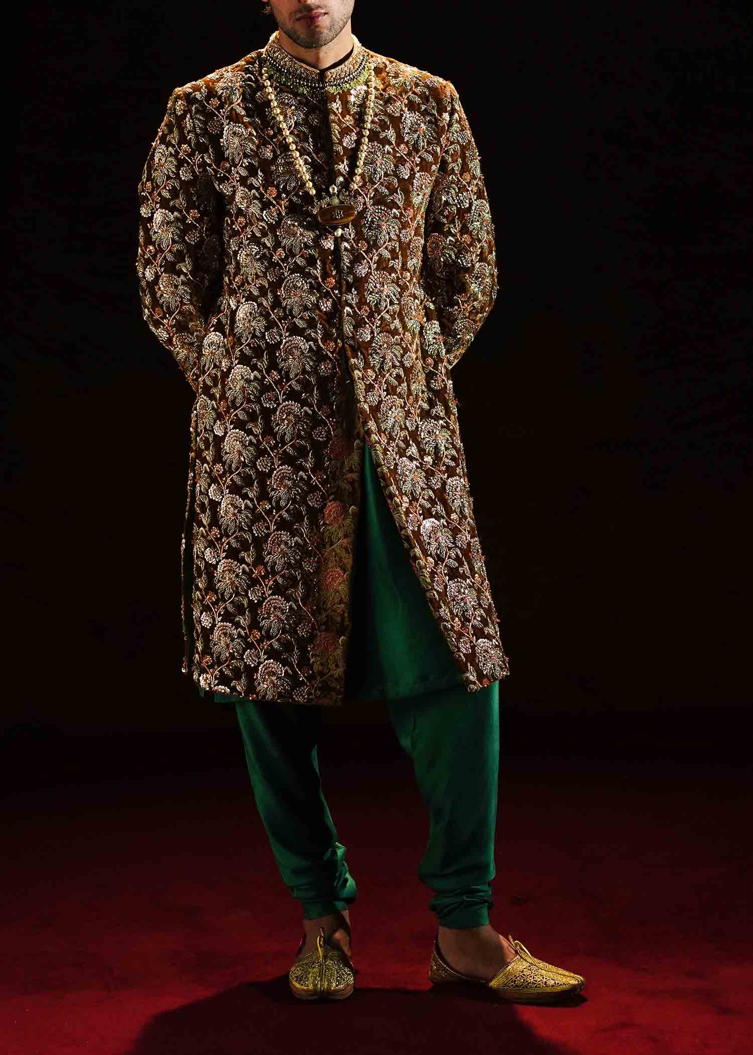 Mustard Adda Work Velvet Groom Sherwani (3-Piece) - Image 8