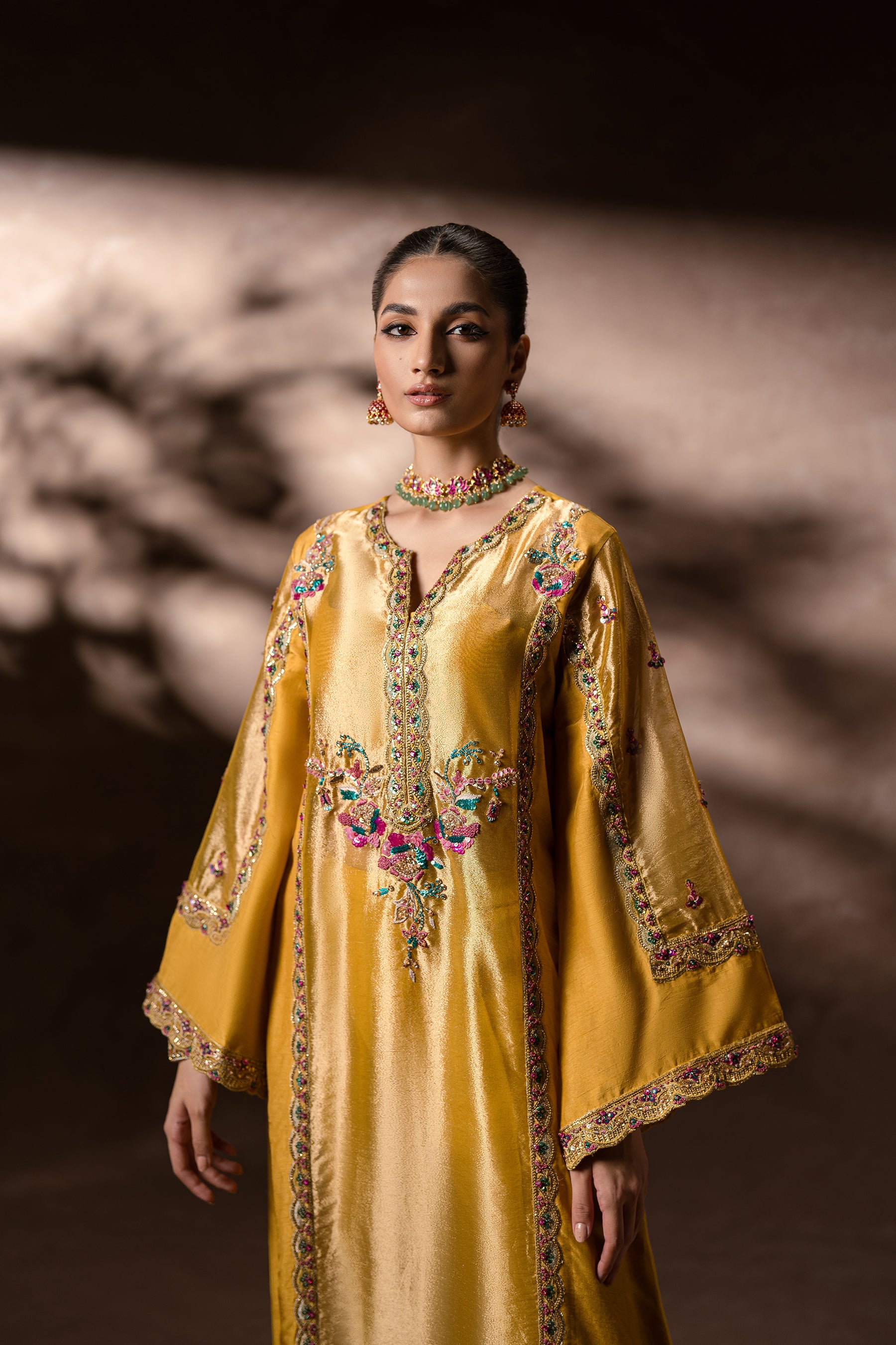 Mustard-Gold Hand-Embellished Silk Kaftan (2-Piece) - Image 3