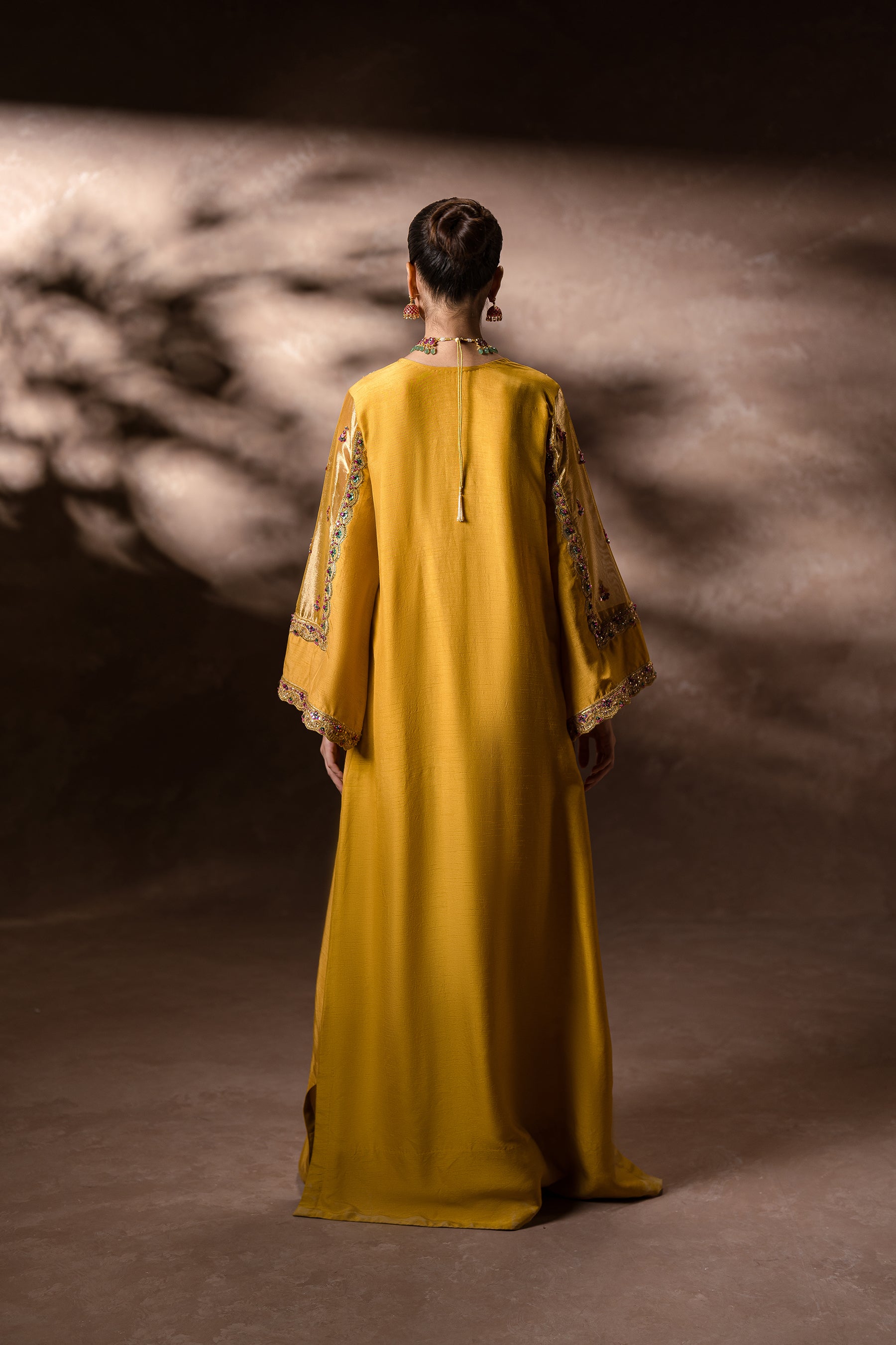 Mustard-Gold Hand-Embellished Silk Kaftan (2-Piece) - Image 4