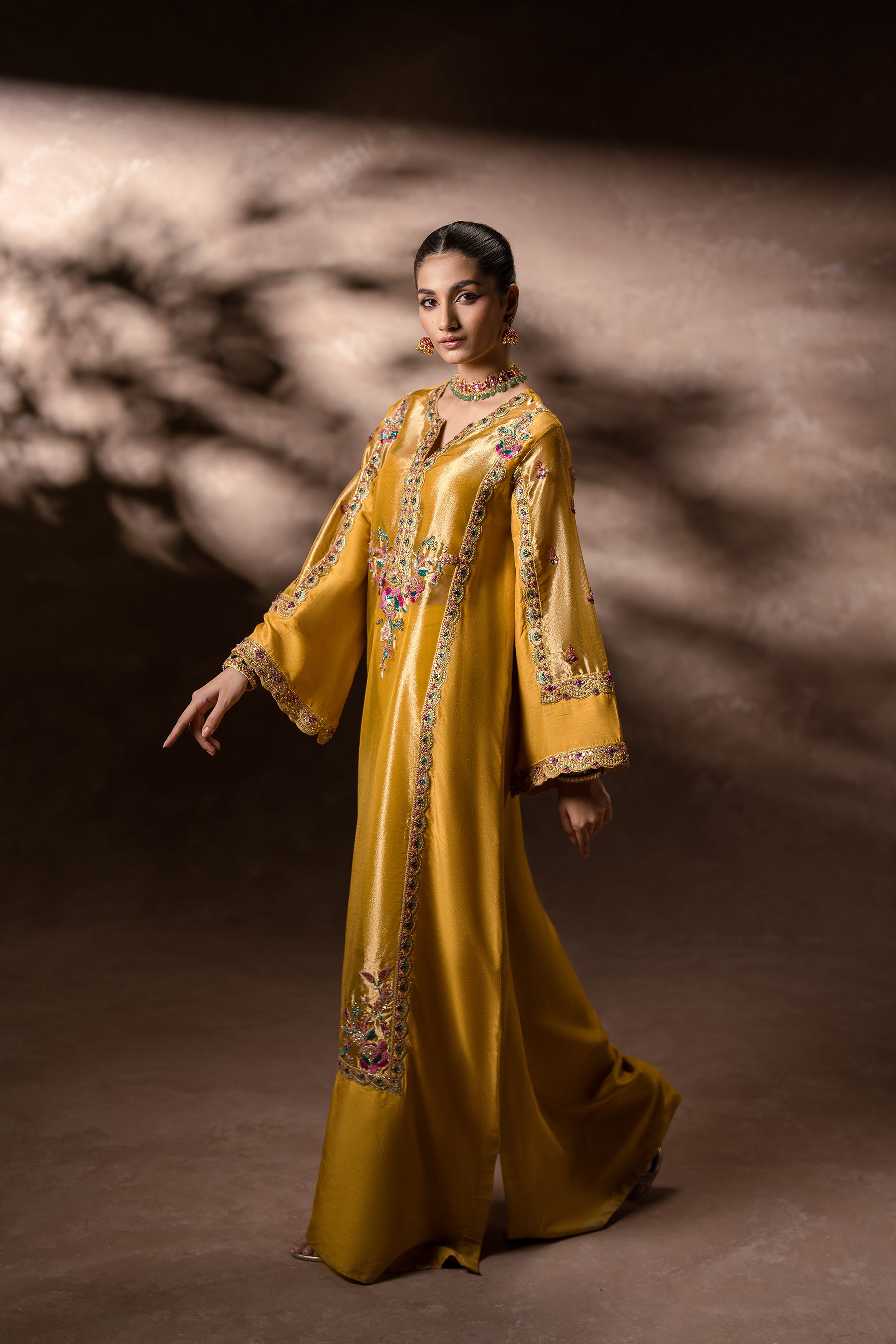 Mustard-Gold Hand-Embellished Silk Kaftan (2-Piece) - Image 5
