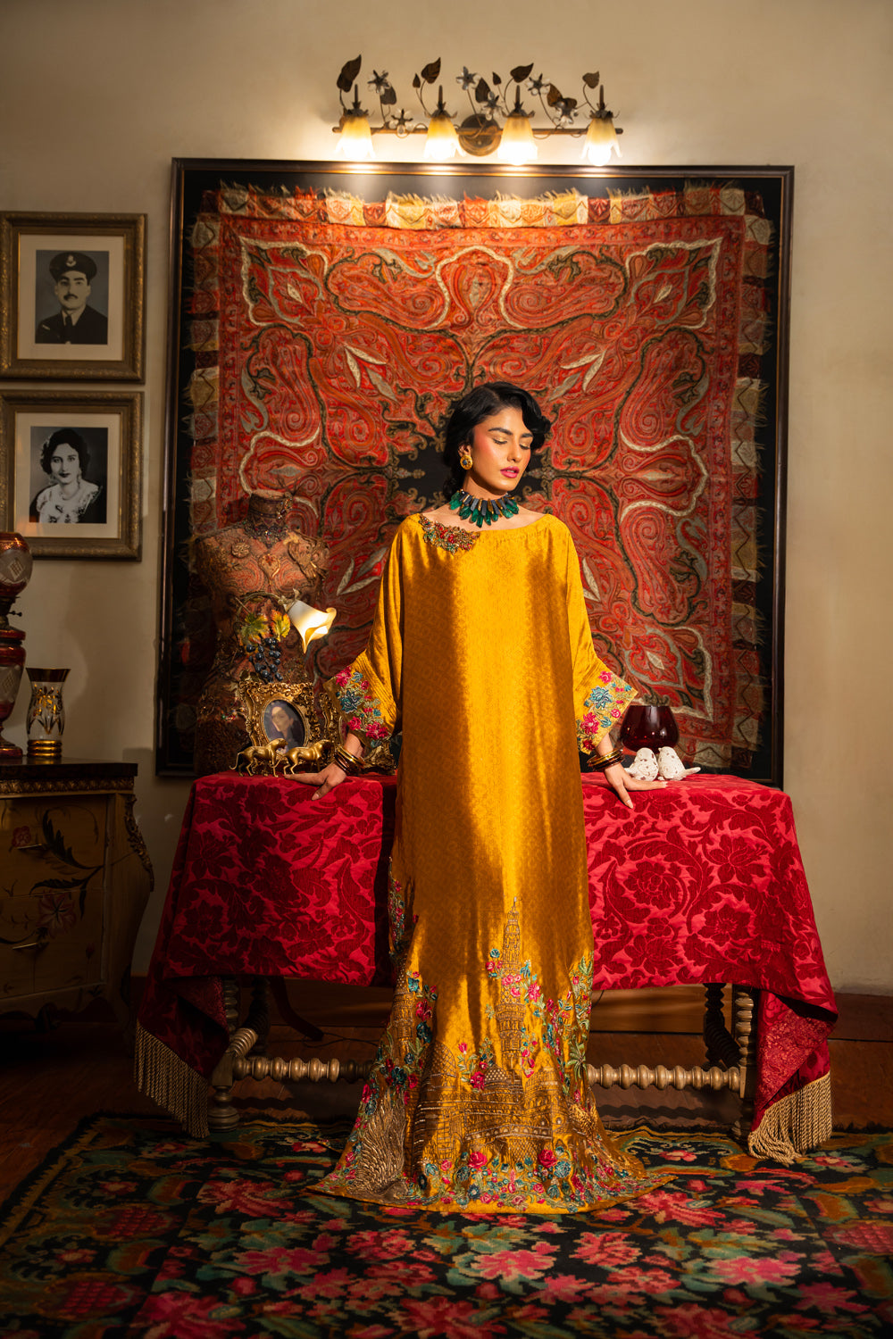 Mustard Metallic Embroidered Handwoven Silk Kaftan (1-Pc) - Image 1