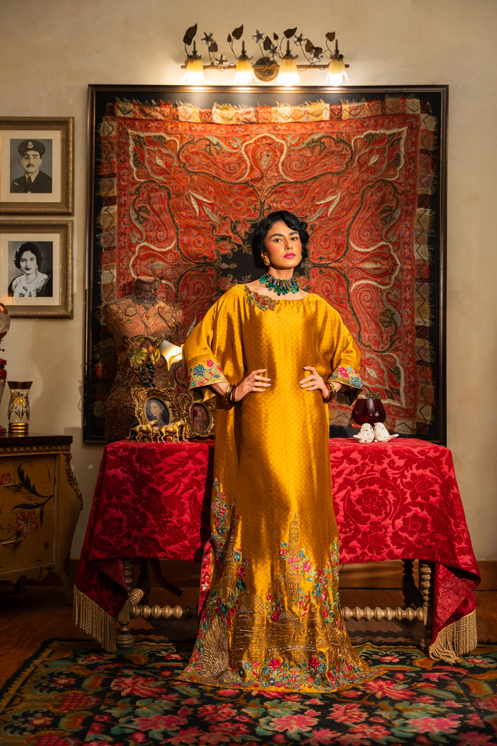 Mustard Metallic Embroidered Handwoven Silk Kaftan (1-Pc) - Image 2