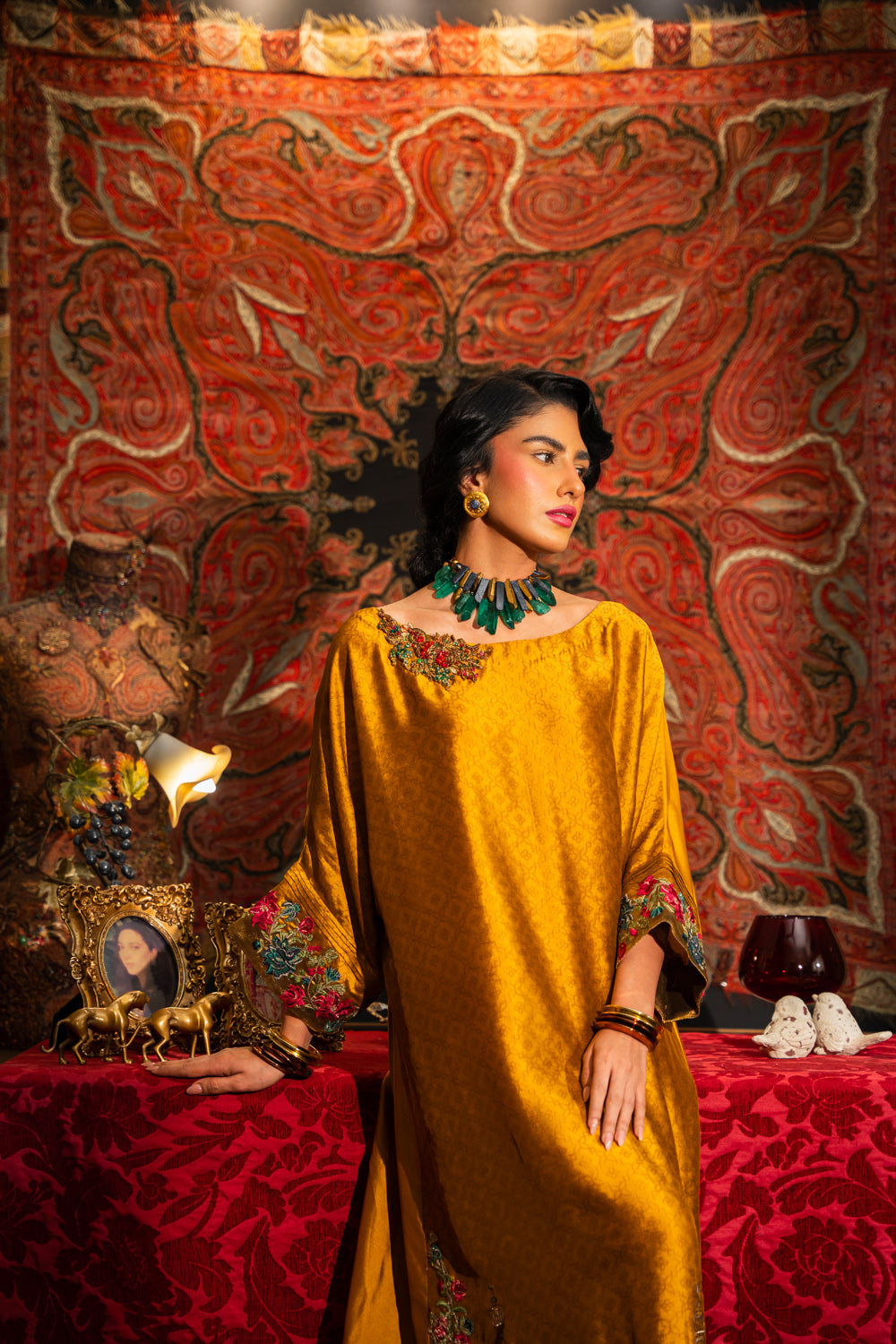 Mustard Metallic Embroidered Handwoven Silk Kaftan (1-Pc) - Image 3