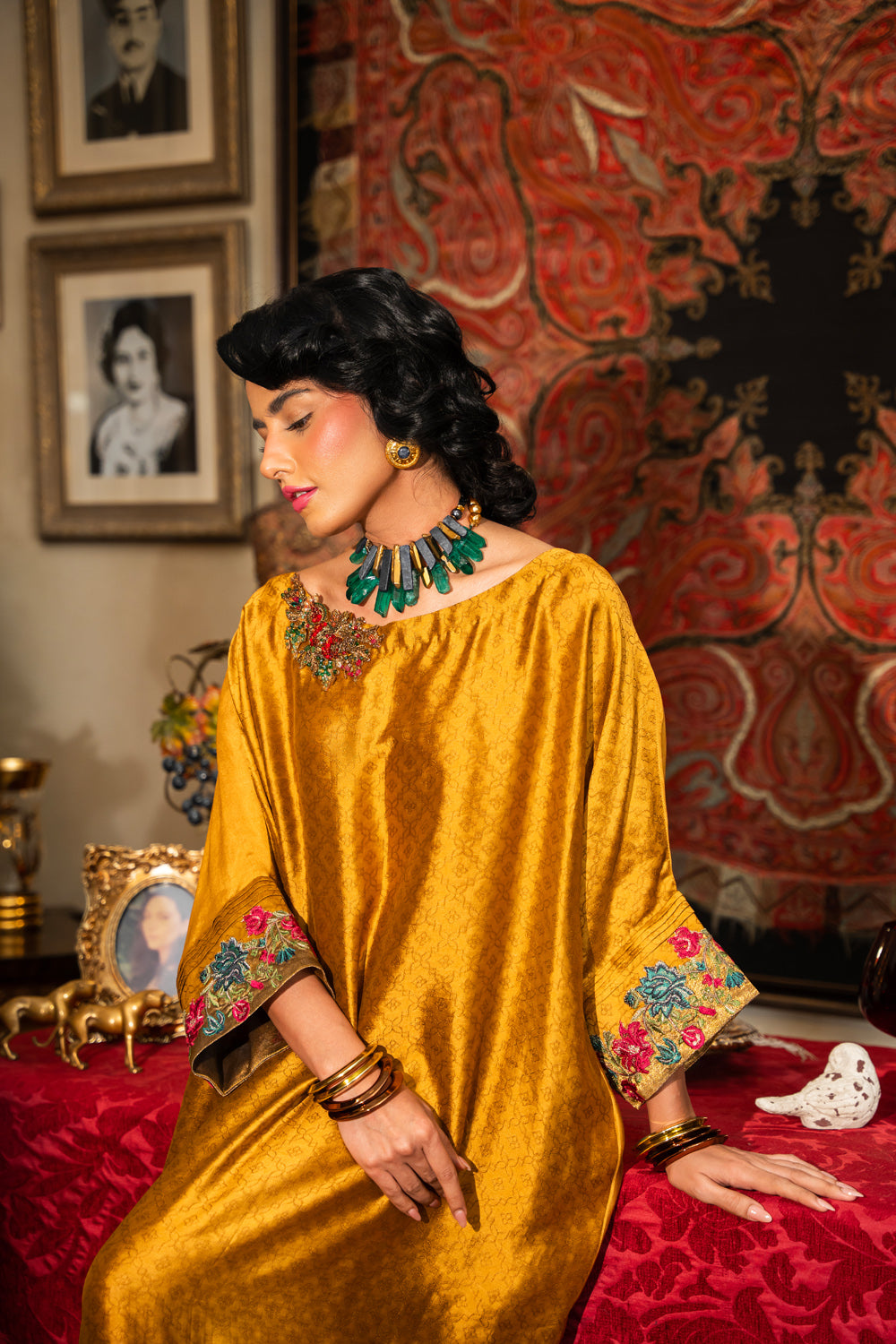 Mustard Metallic Embroidered Handwoven Silk Kaftan (1-Pc) - Image 5