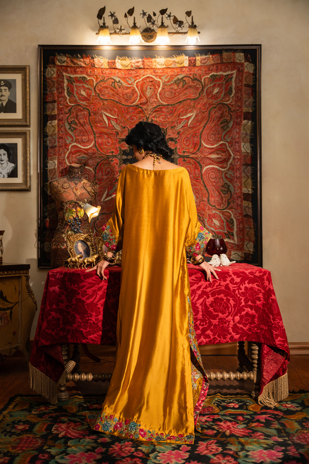 Mustard Metallic Embroidered Handwoven Silk Kaftan (1-Pc) - Image 6