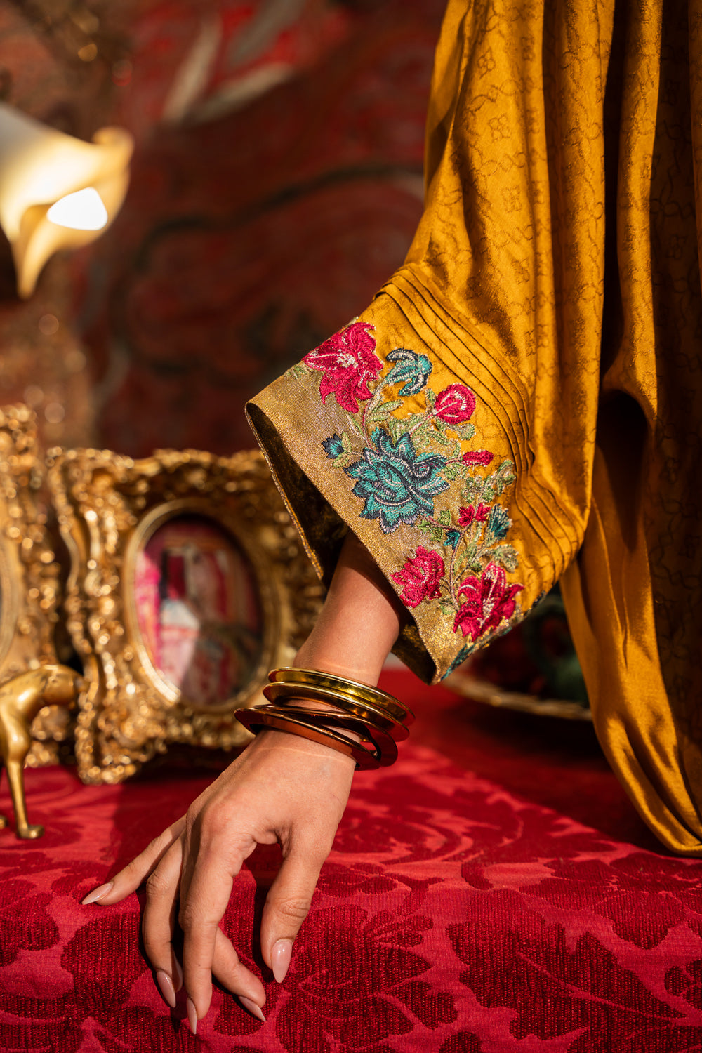 Mustard Metallic Embroidered Handwoven Silk Kaftan (1-Pc) - Image 7