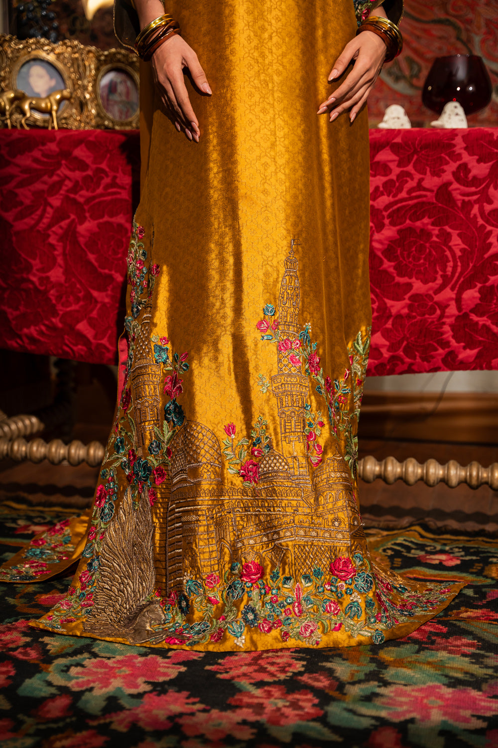 Mustard Metallic Embroidered Handwoven Silk Kaftan (1-Pc) - Image 8