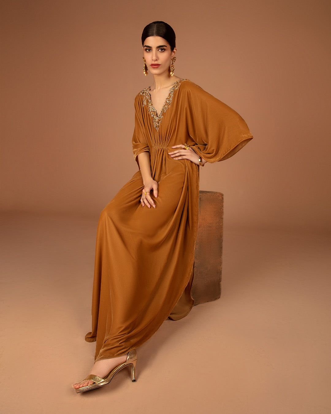 Mustard Embellished Velvet Kaftan (1-Pc) - Image 1
