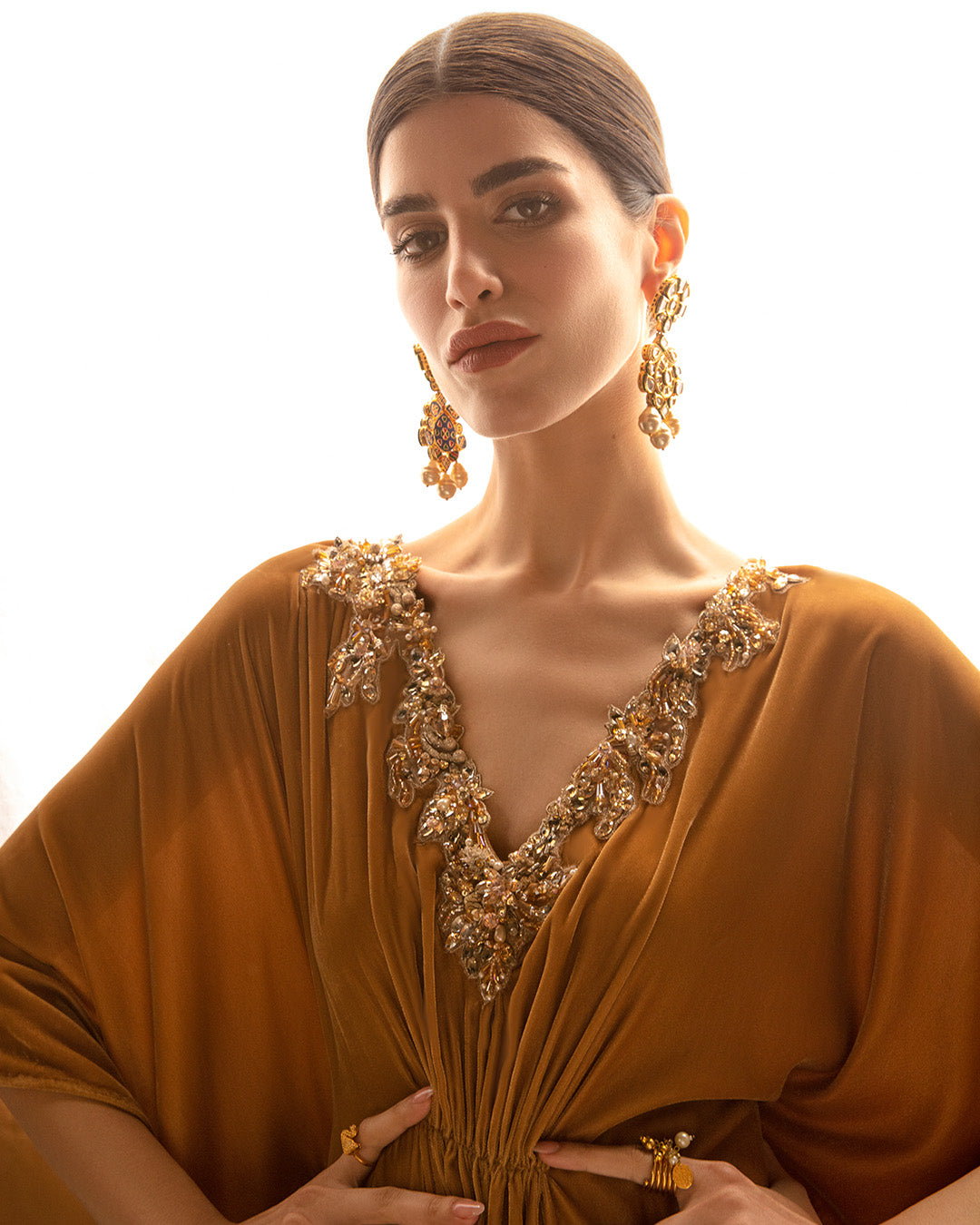 Mustard Embellished Velvet Kaftan (1-Pc) - Image 2