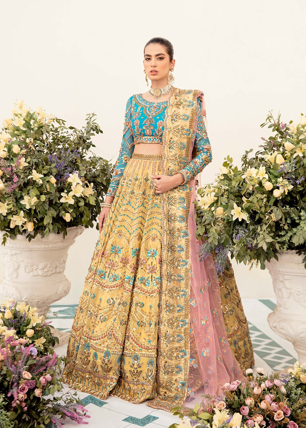 Turquoise Mustard Hand-Embroidered Bamber Chiffon Lehenga Choli (3-Piece) - Image 1